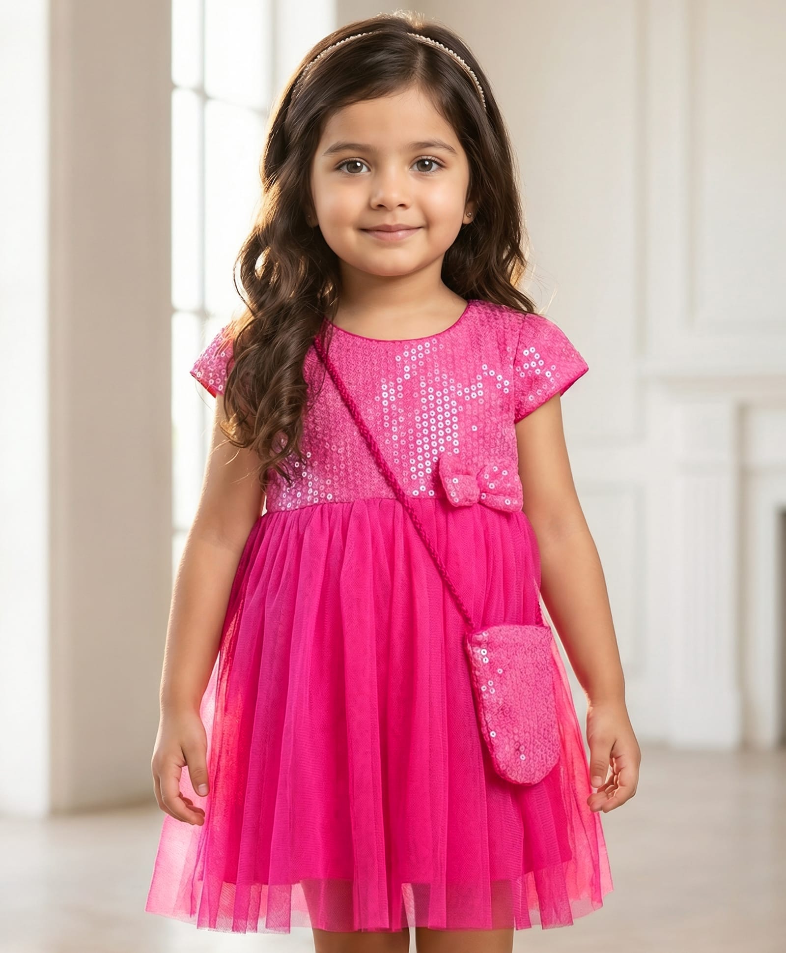 Babyhug Woven Cap Sleeves Party Dress With Sequin Detailing & Sling Bag - Dark Pink-image-5