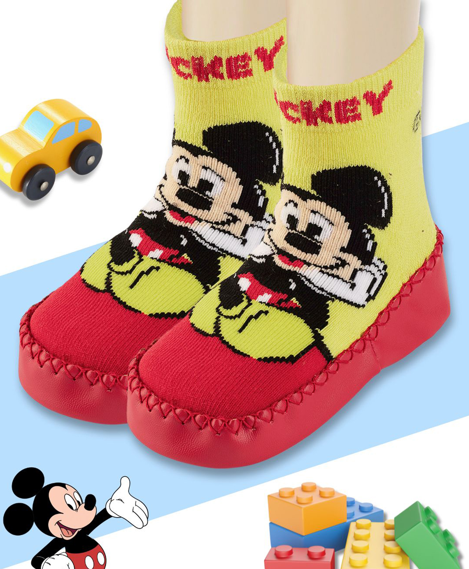 Yellow Bee Cotton Disney Mickey & Featuring Character Designed Soft Leather Socks Shoes - Red-image-28
