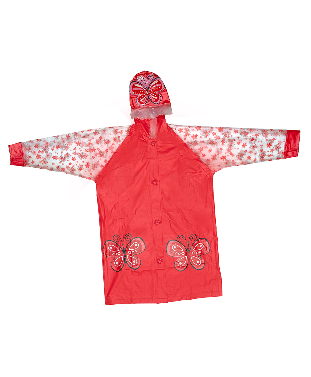 Yellow Bee Full Sleeves Floral & Butterfly Printed Hooded Raincoat - Red