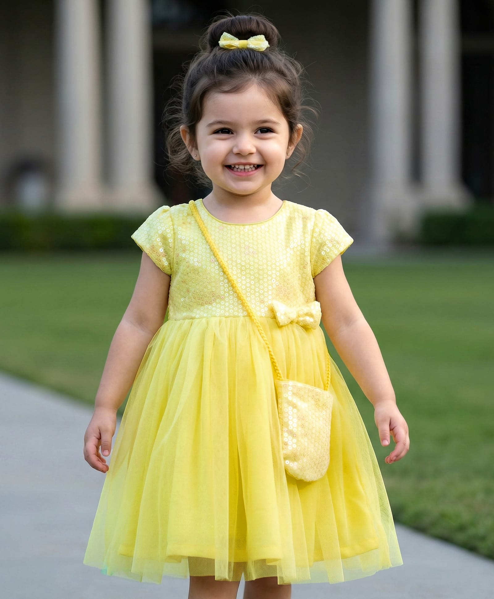 Babyhug Woven Cap Sleeves Party Dress With Sequin Detailing & Sling Bag - Yellow-image-10
