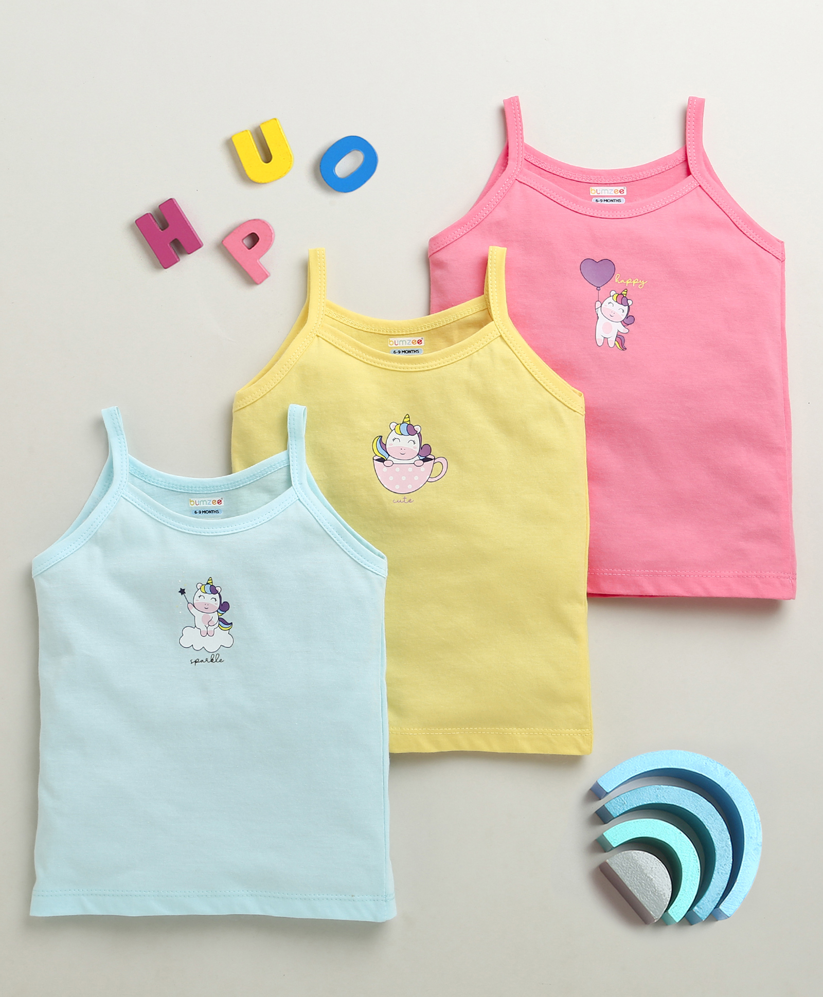 BUMZEE Cotton Knit Sleeveless Slips with Unicorn Print Pack of 3 - Yellow Light Blue & Pink-image-19