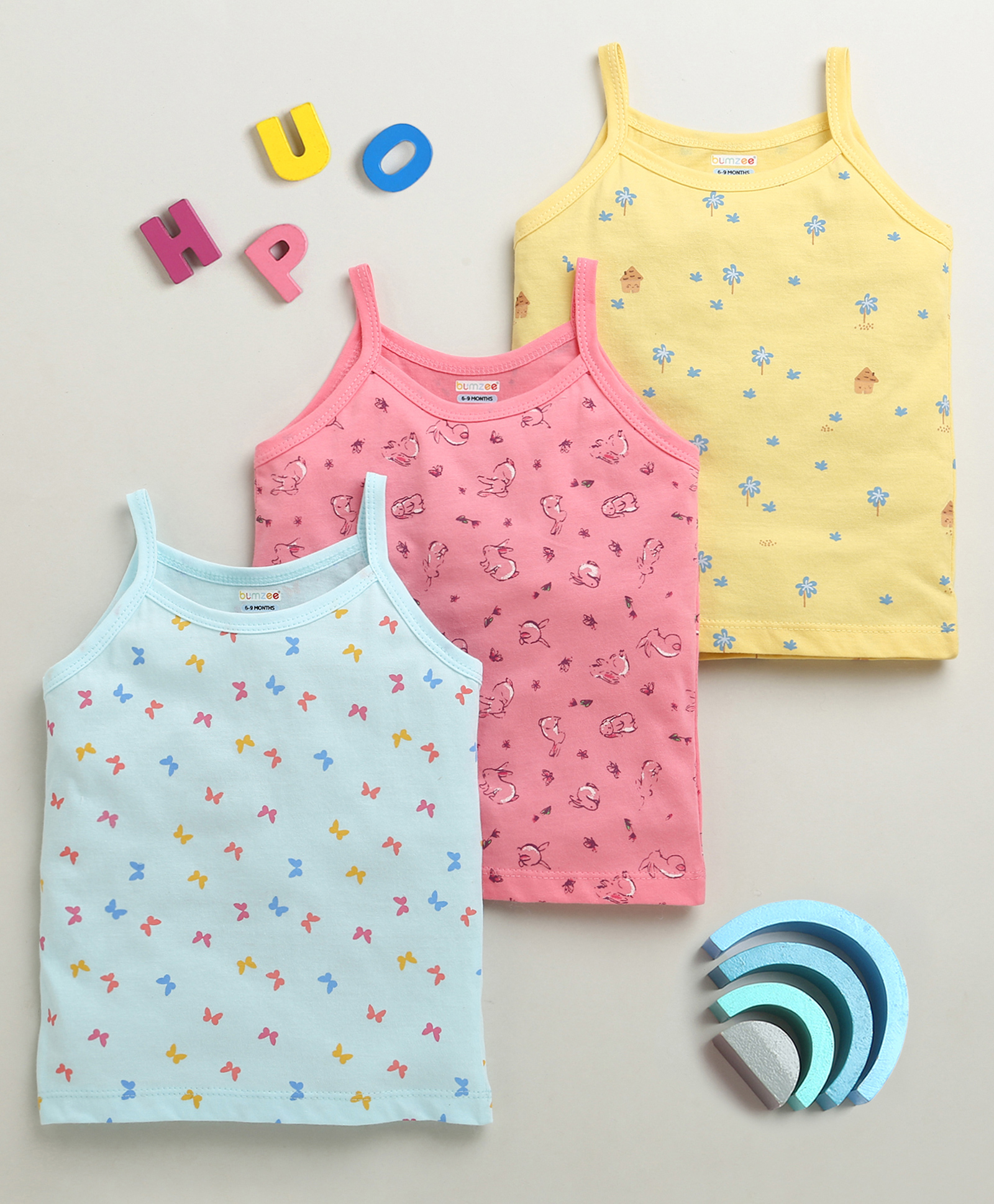 BUMZEE Cotton Knit Sleeveless Slips with Butterfly Animal & Floral Print Pack of 3 - Yellow Light Blue & Pink-picture-4