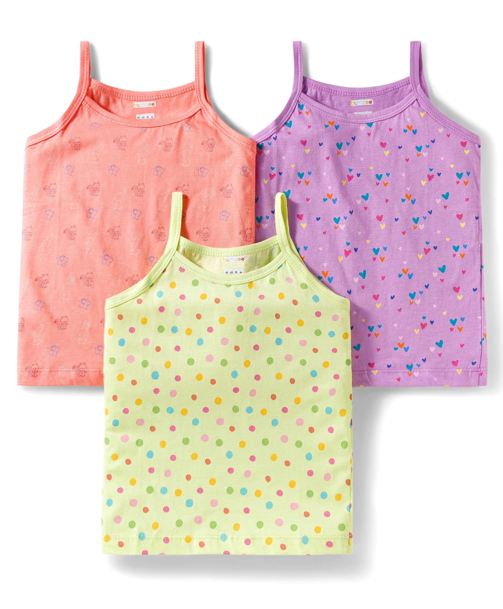 BUMZEE Cotton Sleeveless Slips with Polka Dots Heart & Animal Print Pack of 3 - Peach Yellow & Lavender-image-1