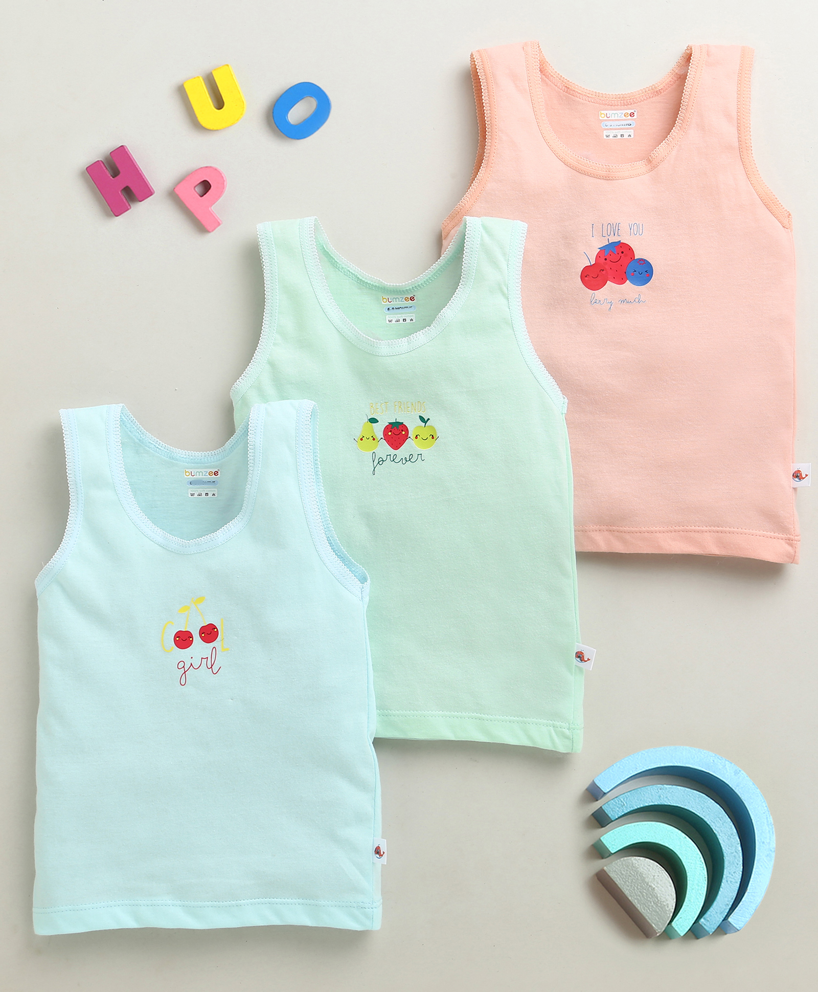 BUMZEE Cotton Knit Sleeveless Slips with Fruits Prints Pack of 3 - Peach & Mint-image-49