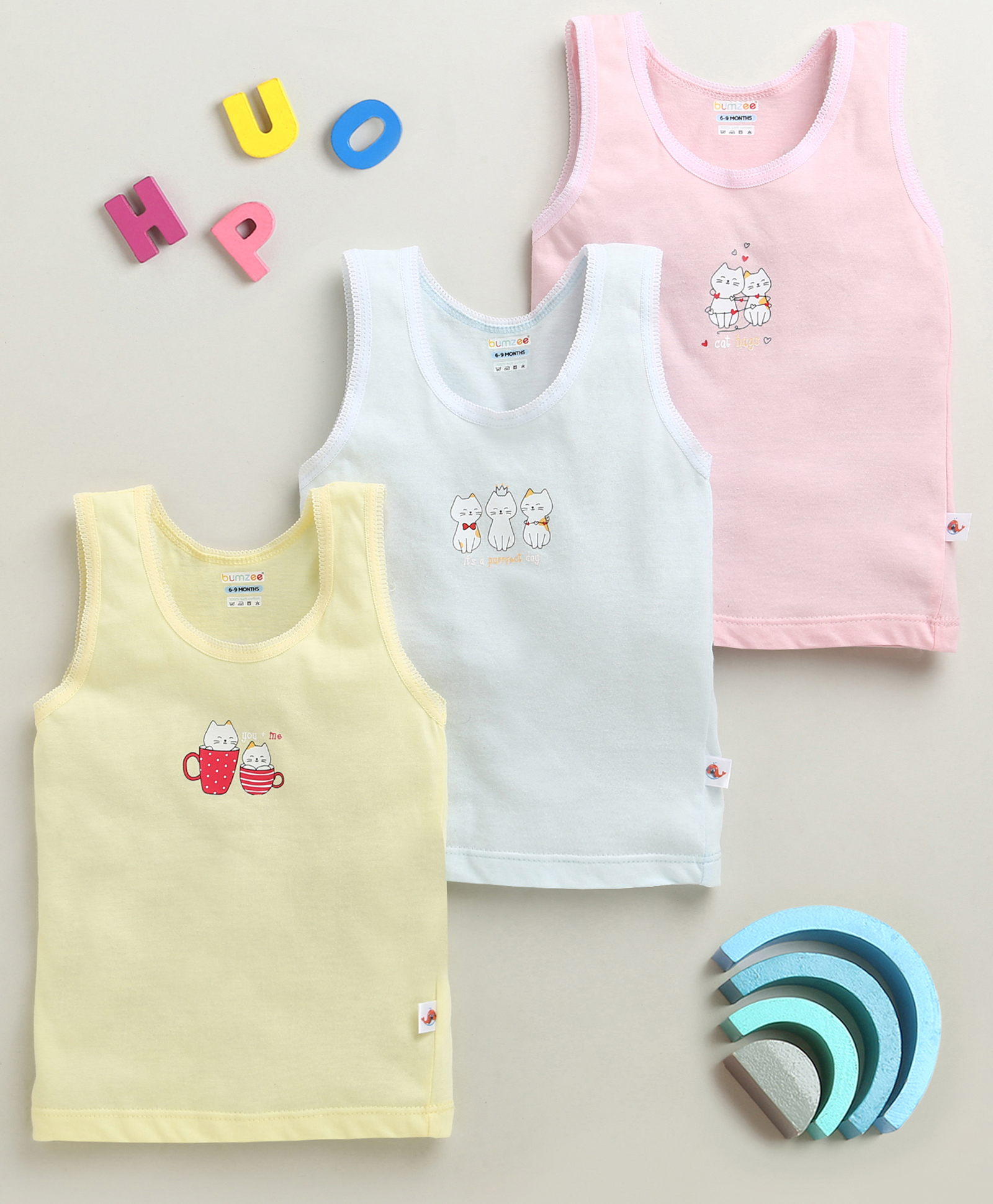 BUMZEE Cotton Knit Sleeveless Slips with Animal Print Pack of 3 - Pink White & Yellow-image-26