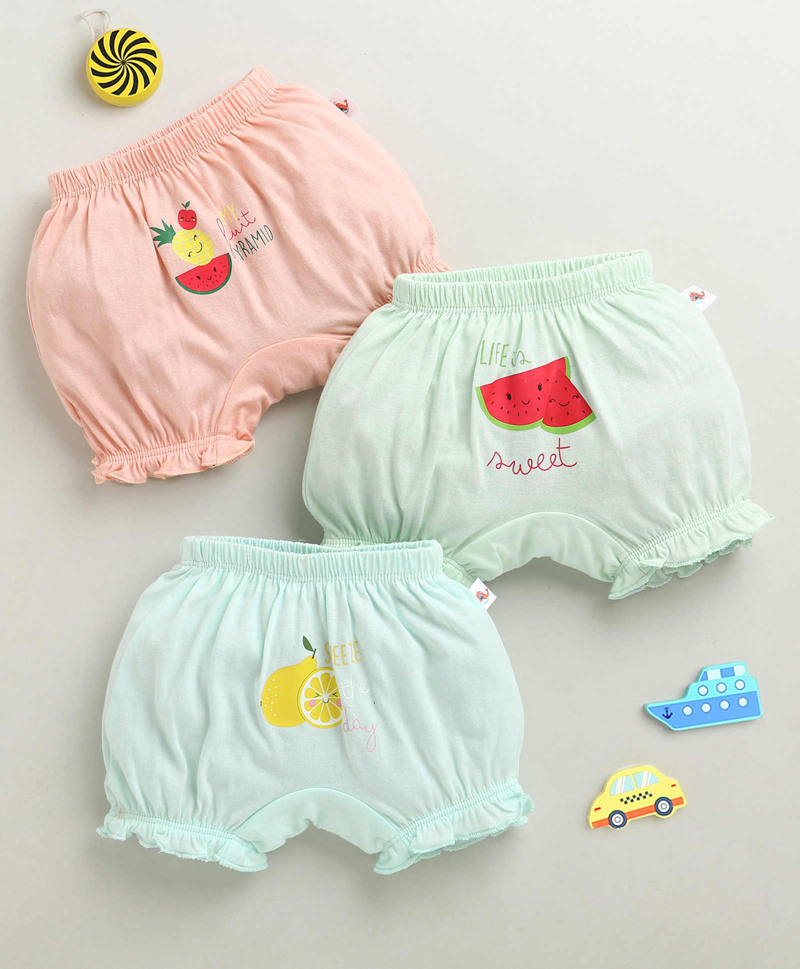 BUMZEE Cotton Bloomers with Fruits Print Pack of 3 - Light Peach & Mint Green-picture-0