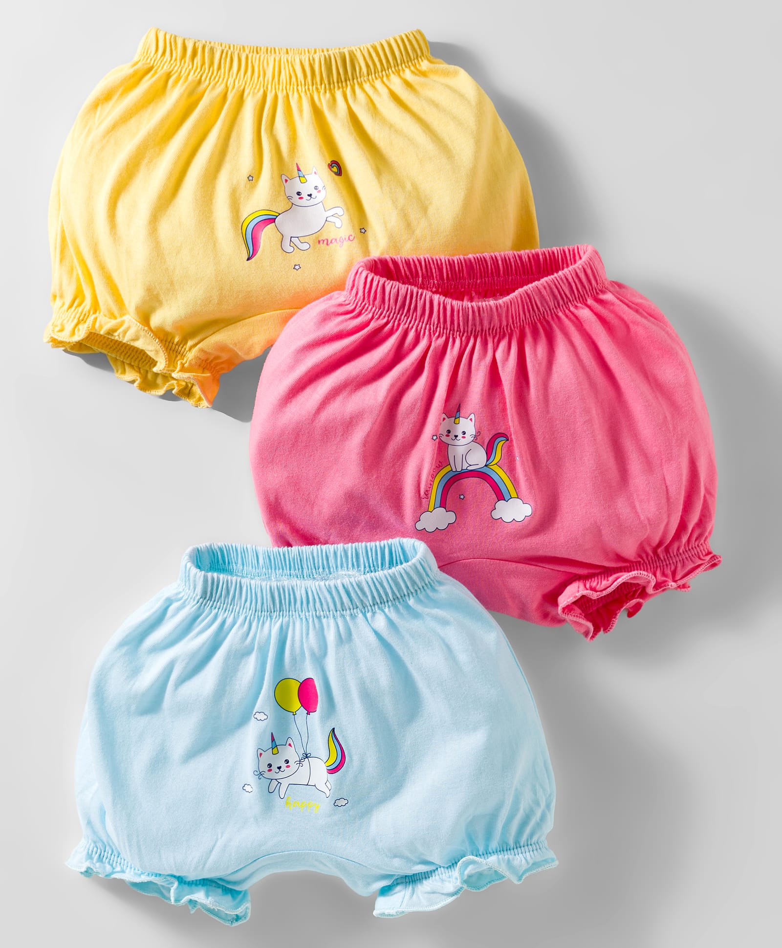 BUMZEE Cotton Bloomers with Unicorn Print Pack of 3 - Light Blue Yellow & Pink-image-15