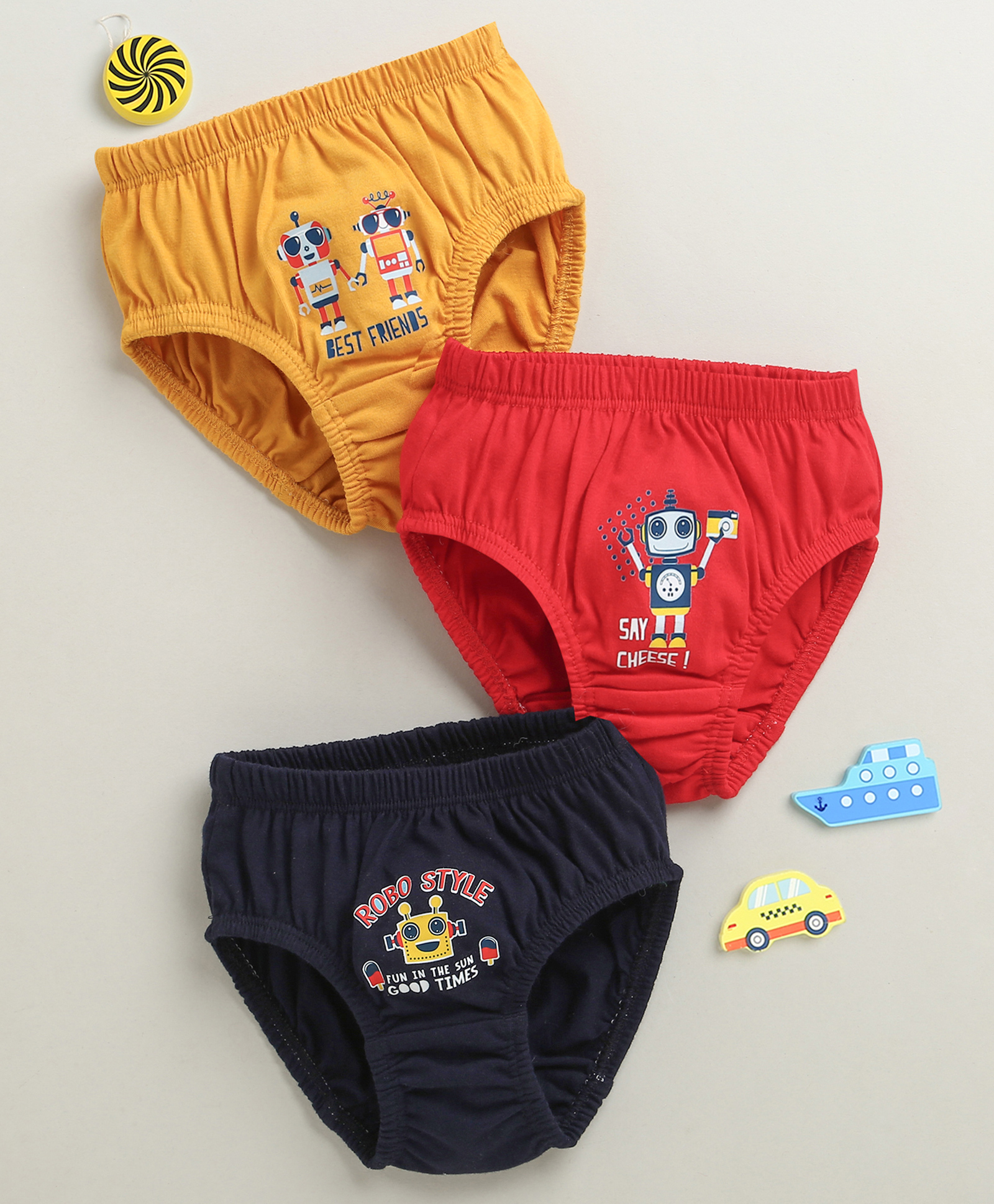 BUMZEE Cotton Briefs With Robot Print Pack of 3 - Red Navy Blue & Yellow-image-1