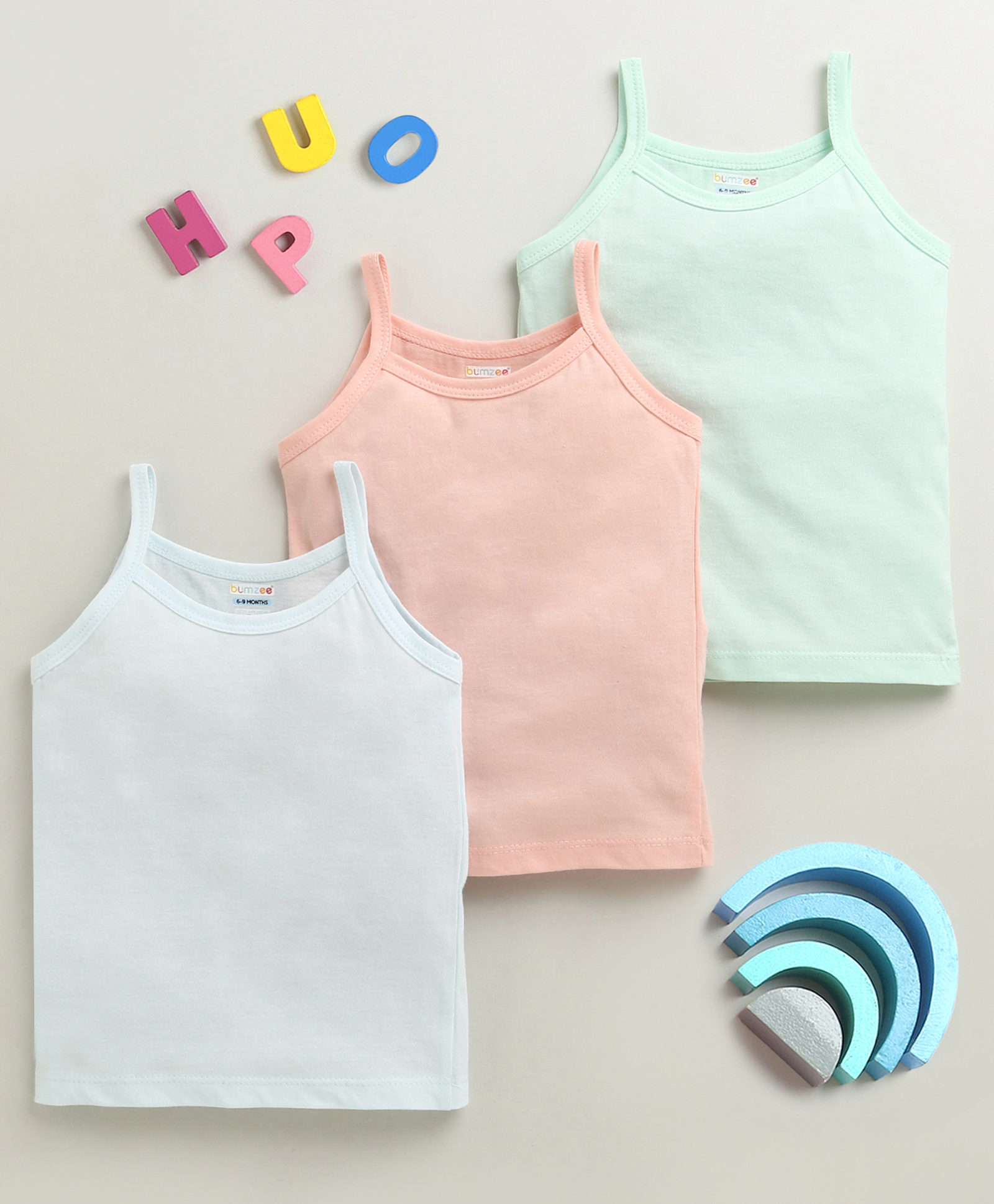 BUMZEE Cotton Knit Sleeveless Solid Color Slips Pack of 3 - Peach White & Mint Green-image-21