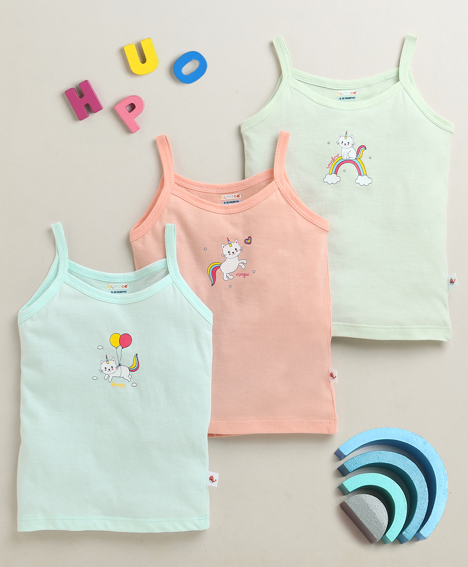 BUMZEE Cotton Sleeveless Slip with Unicorn Kitty Print Pack of 3 - Peach & Mint Green-picture-16