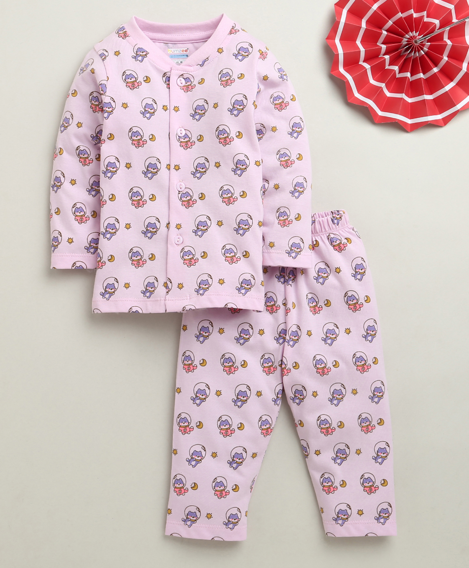 BUMZEE Cotton Knit Full Sleeves Co-Ords Night Suit with Space Cat Print - Lavender-image-33