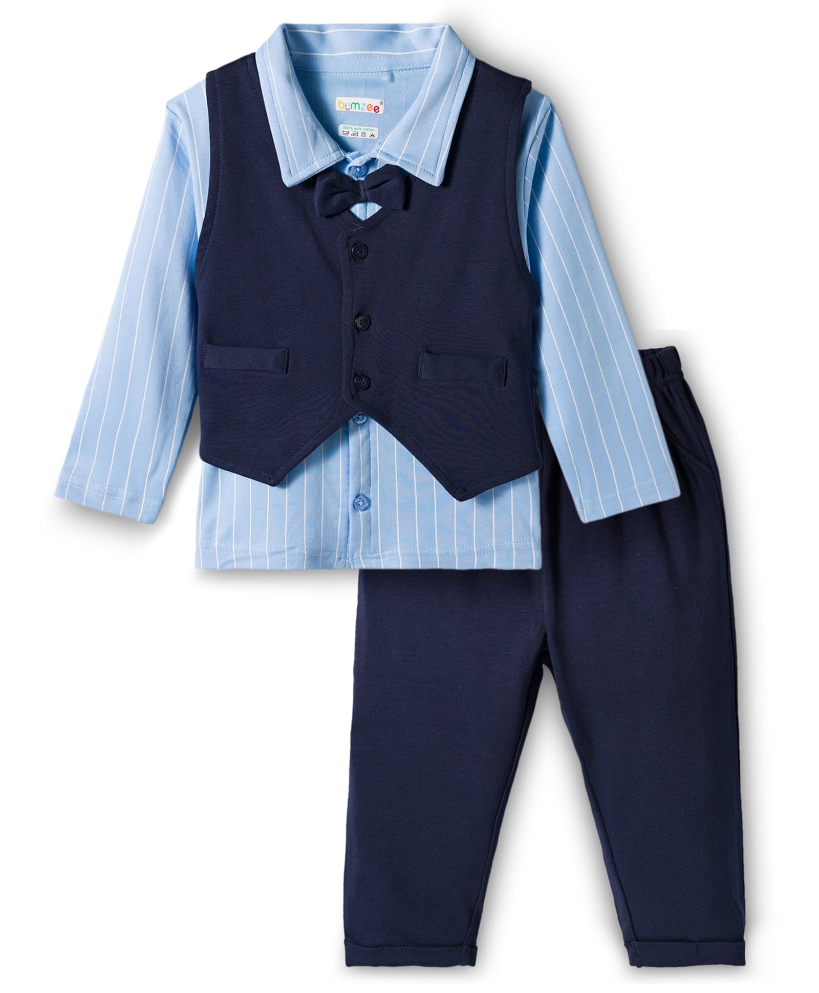 BUMZEE Cotton Knit Full Sleeves 3 Piece Party Suit With Bow Attached & Stripes Print - Sky Blue & Navy Blue-picture-25