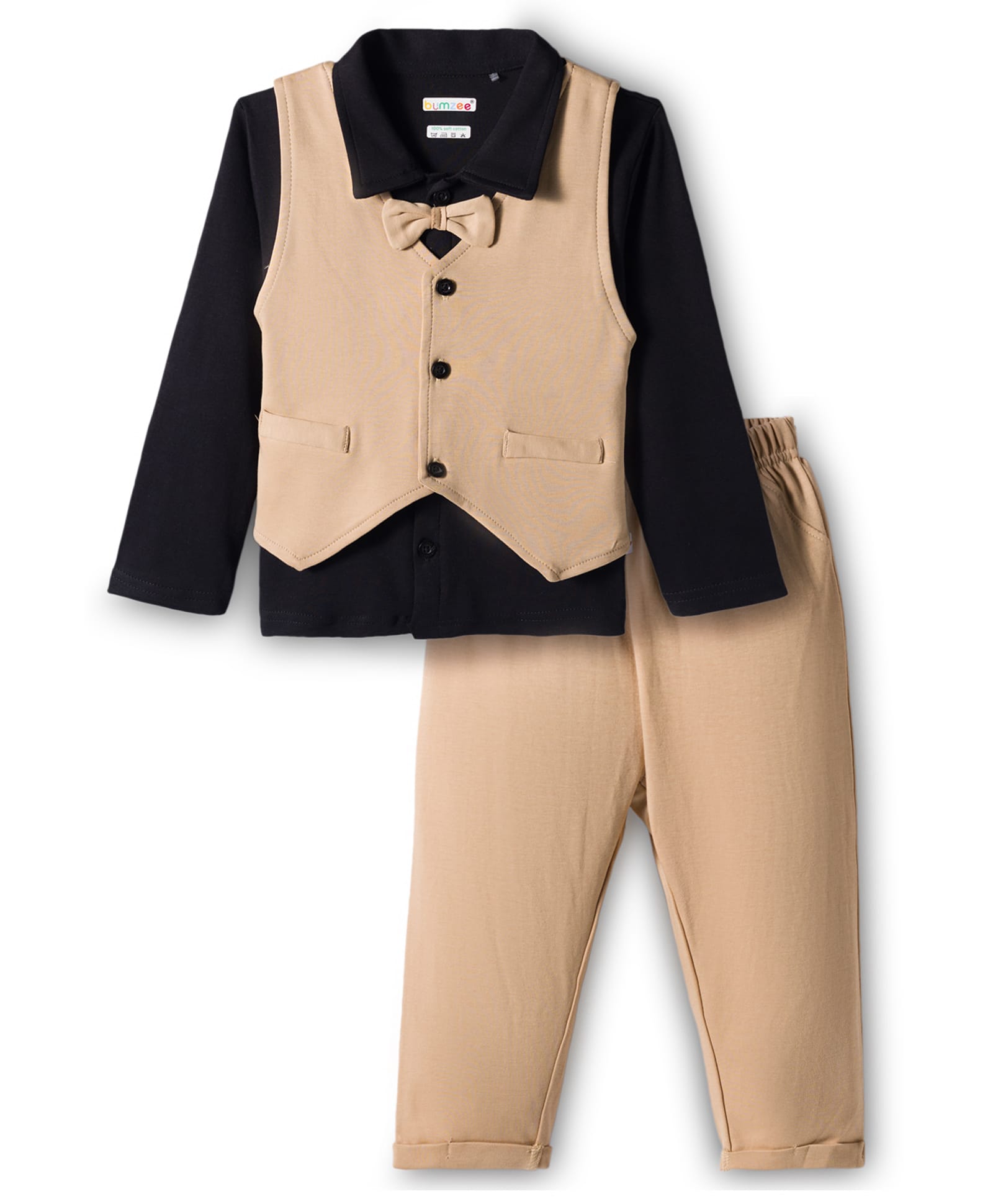 BUMZEE Cotton Knit Full Sleeves Solid Color 3 Piece Party Suit With Bow Applique - Black & Beige-picture-32