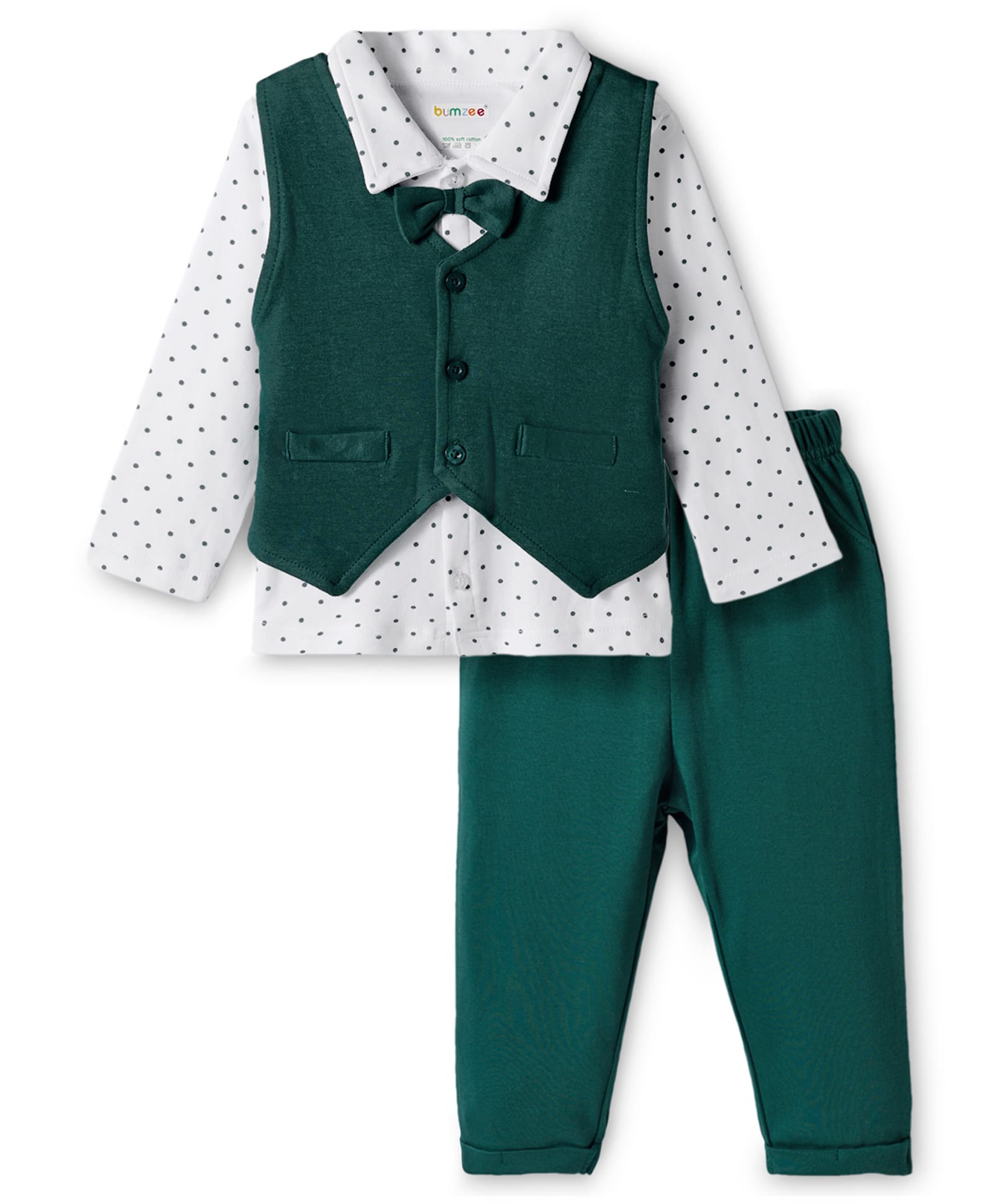 BUMZEE Cotton Knit Full Sleeves Polka Dots 3 Piece Party Suit With Bow Attached - Green & White-picture-12