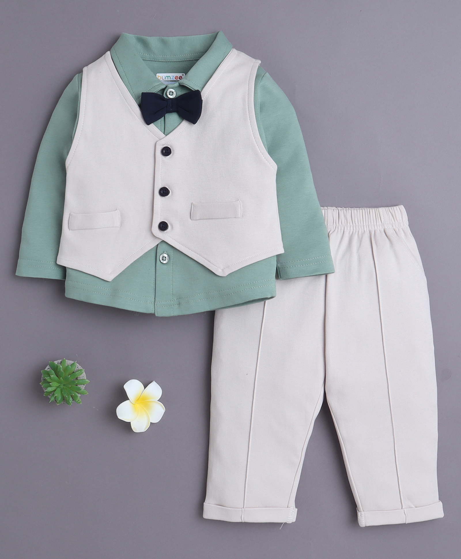 BUMZEE Cotton Knit Full Sleeves Solid Color 3 Piece Party Suit With Bow Attached - Beige & Green-picture-33