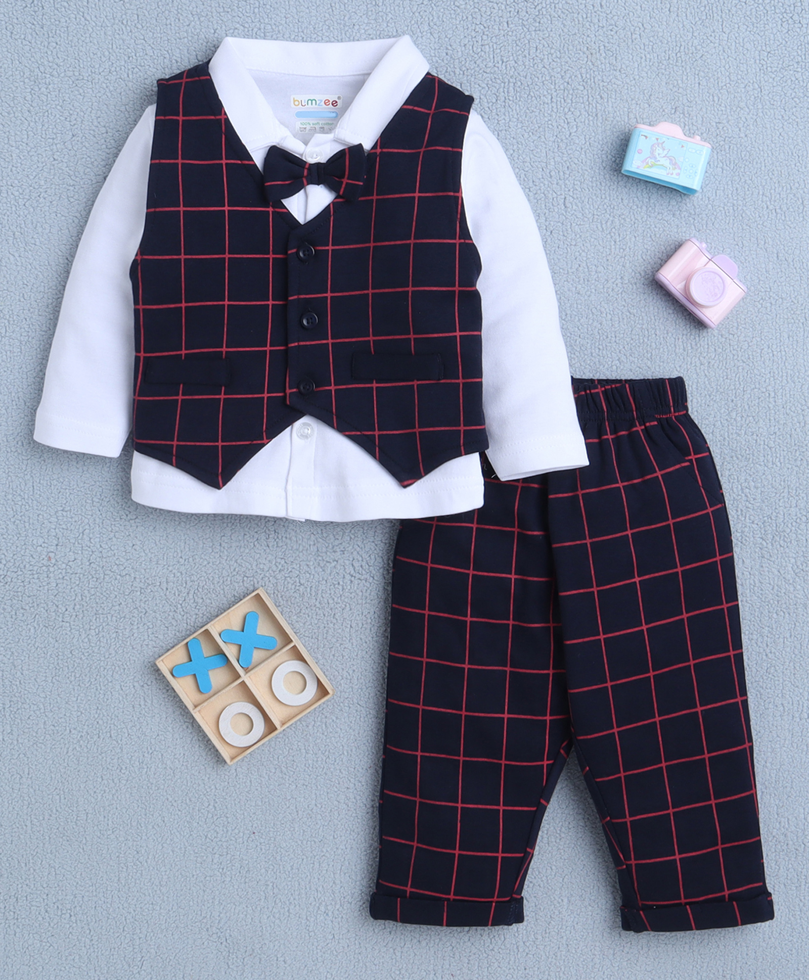 BUMZEE Cotton Knit Full Sleeves Checks 3 Piece Party Suit With Bow Applique - White & Navy --picture-14