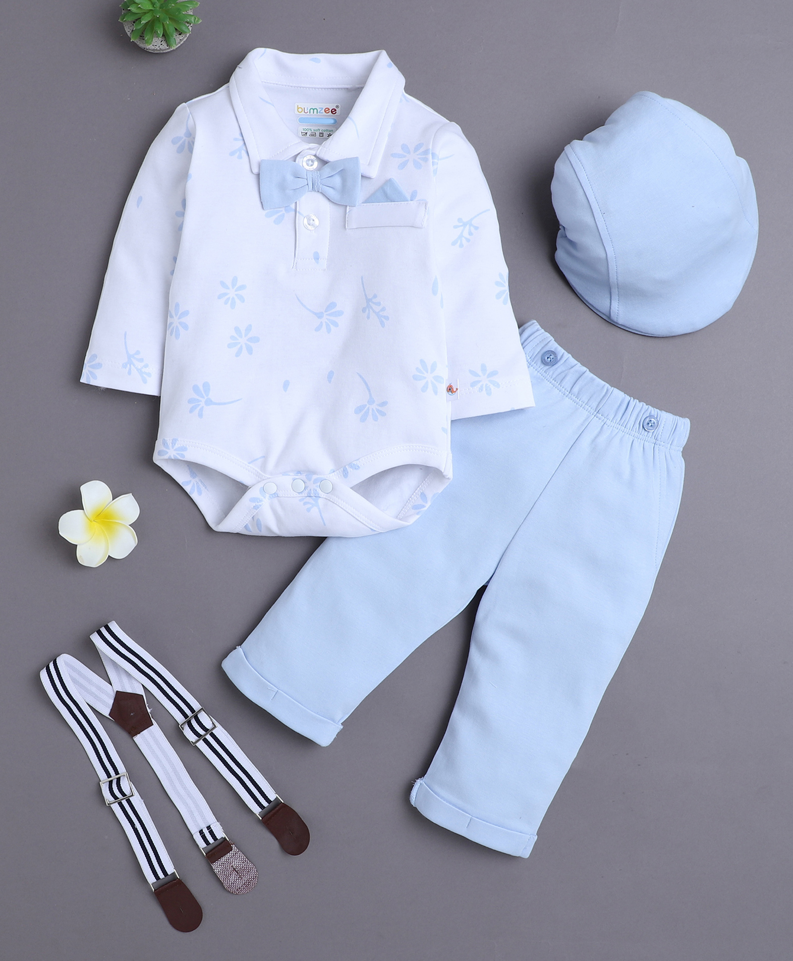 BUMZEE Cotton Knit Full Sleeves Floral Printed Onesie & Pant Set With Suspender & Cap - Powder Blue & White-image-21