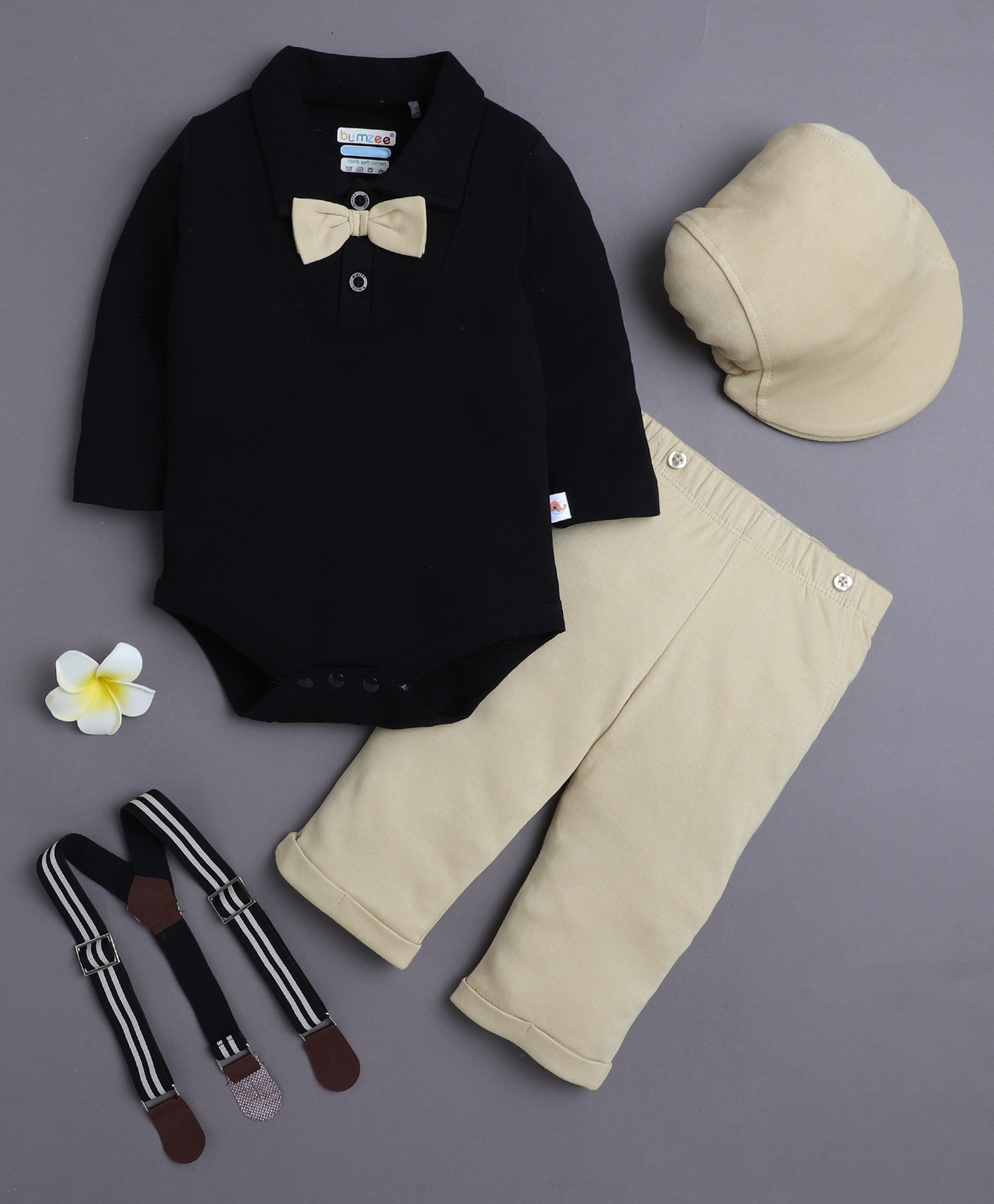 BUMZEE Cotton Knit Full Sleeves Solid Color Onesie & Pant Set With Suspender & Cap - Khaki & Black-picture-38