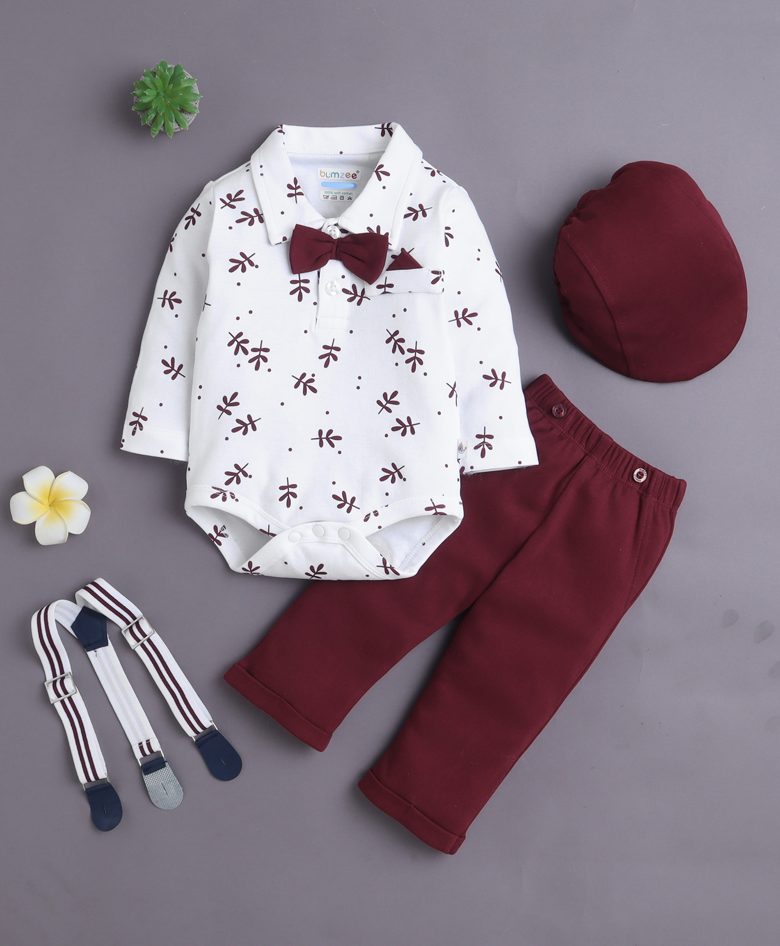 BUMZEE Cotton Knit Full Sleeves Floral Print Onesie & Pant Set With Suspender & Cap - White & Maroon-picture-32