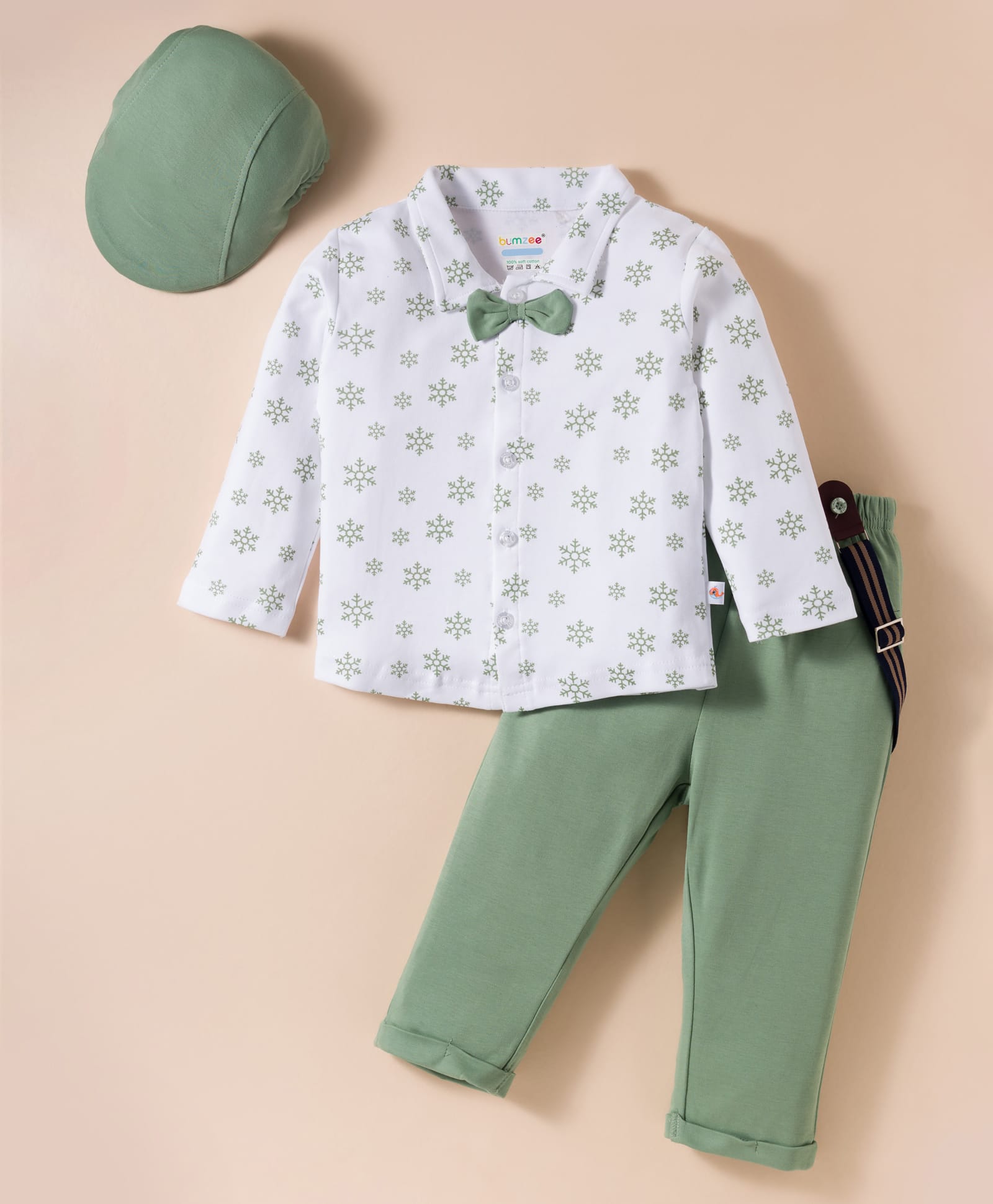 BUMZEE Cotton Knit Full Sleeves Floral Print Shirt with Attached Bow & Pant Set With Suspender & Cap - Light Green & White-picture-10