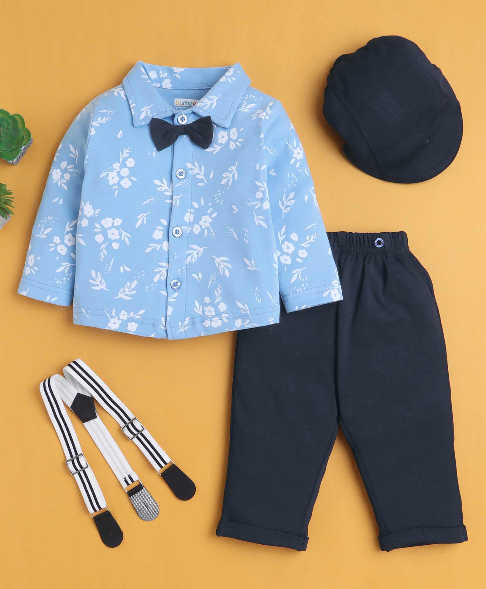 BUMZEE Cotton Knit Full Sleeves Floral Printed Shirt & Trouser Set With Suspender Cap - Navy & Sky Blue-image-21