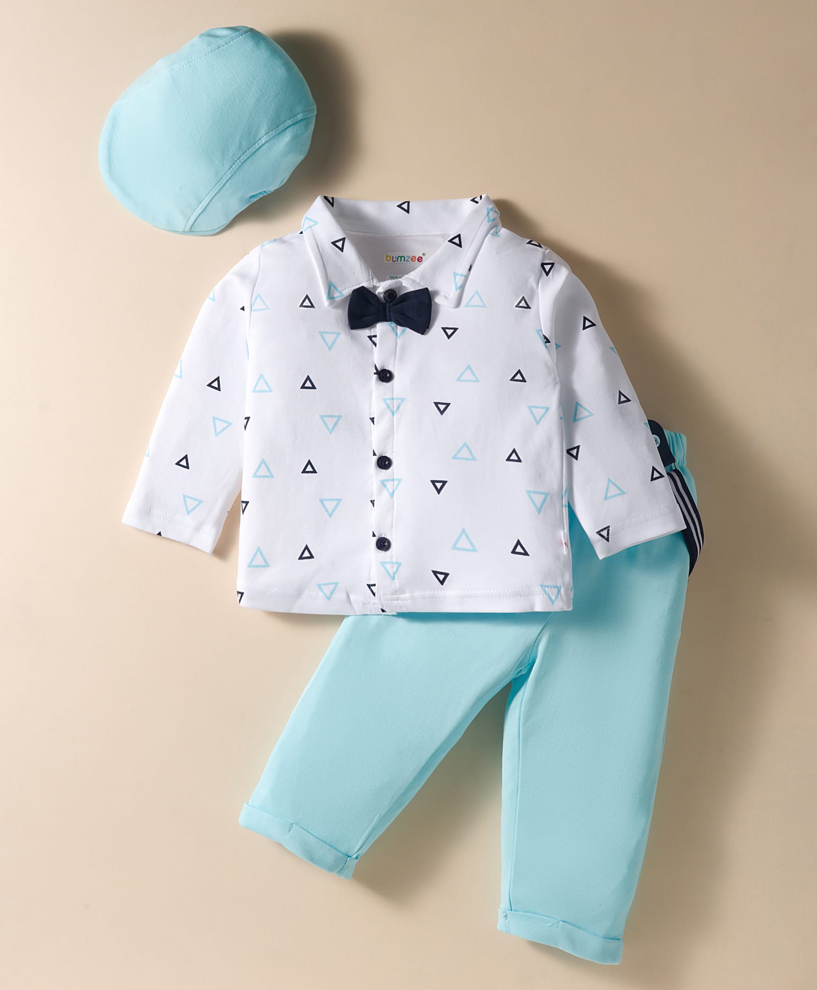 BUMZEE Cotton Knit Full Sleeves Triangle Printed Shirt & Pant Set With Suspender Cap - Aqua Blue & White-image-24