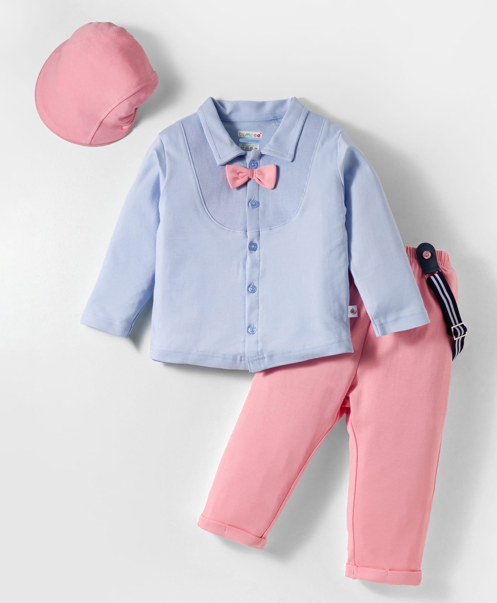 BUMZEE Cotton Knit Full Sleeves Solid Shirt with Attached Bow & Pant Set With Suspender & Cap - Pink & Powder Blue-image-41