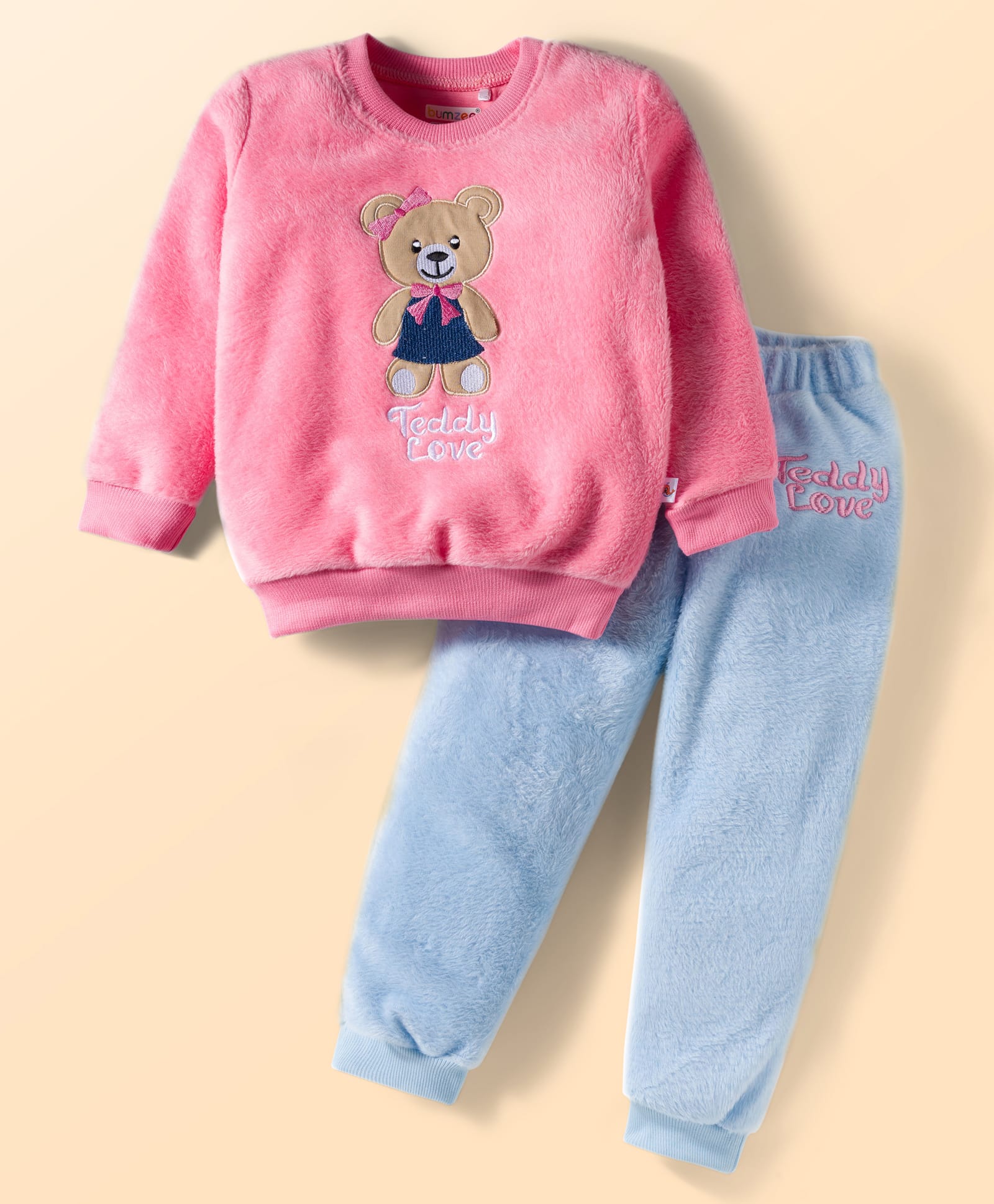 BUMZEE Knit Full Sleeves Winter Wear Bear Embroidered Sweatshirt & Jogger Set - Pink & Sky Blue-picture-25