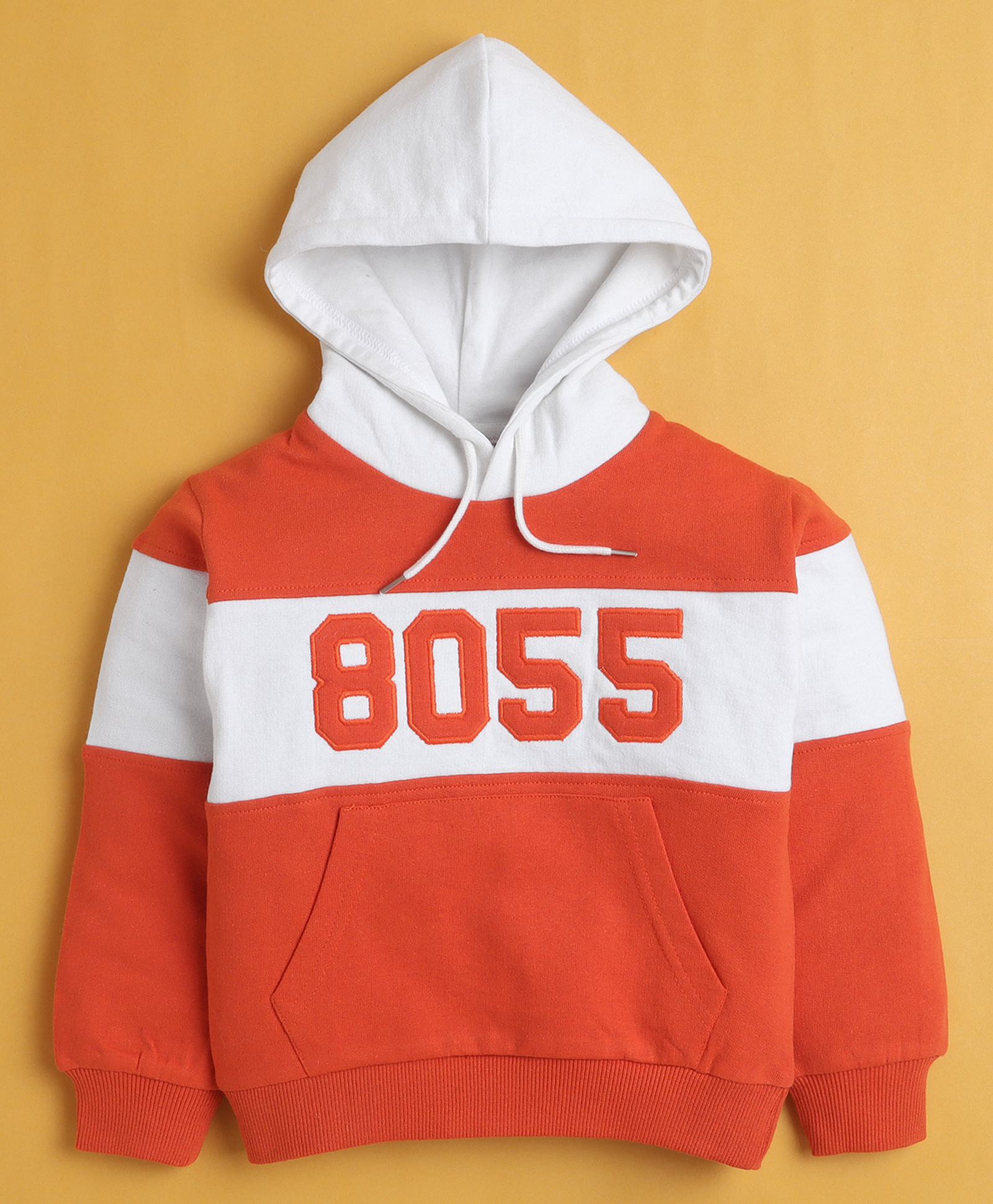 BUMZEE Knit Full Sleeves Cut & Sew Design Number Printed Hooded Sweatshirt With Kangaroo Pockets - Orange-picture-26