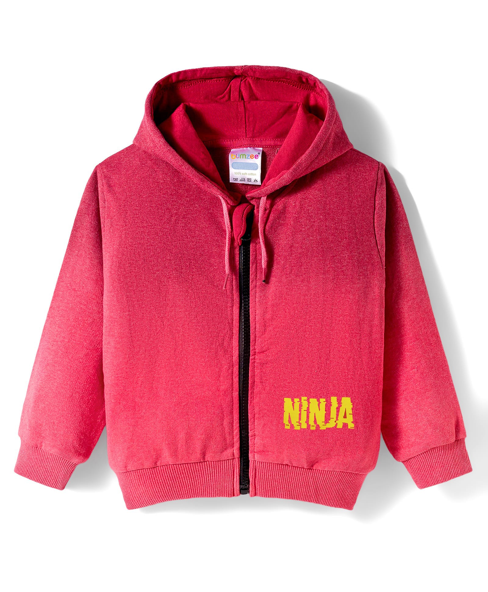 BUMZEE Cotton Blend Knit Full Sleeves Text Printed Hooded SweatJacket - Coral-picture-28