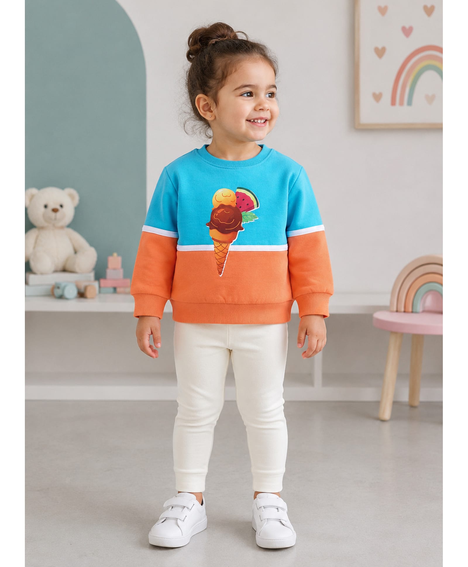 BUMZEE Cotton Knit Full Sleeves Cut & Sew Sweatshirt With Ice-Cream Print - Light Blue & Orange-image-49