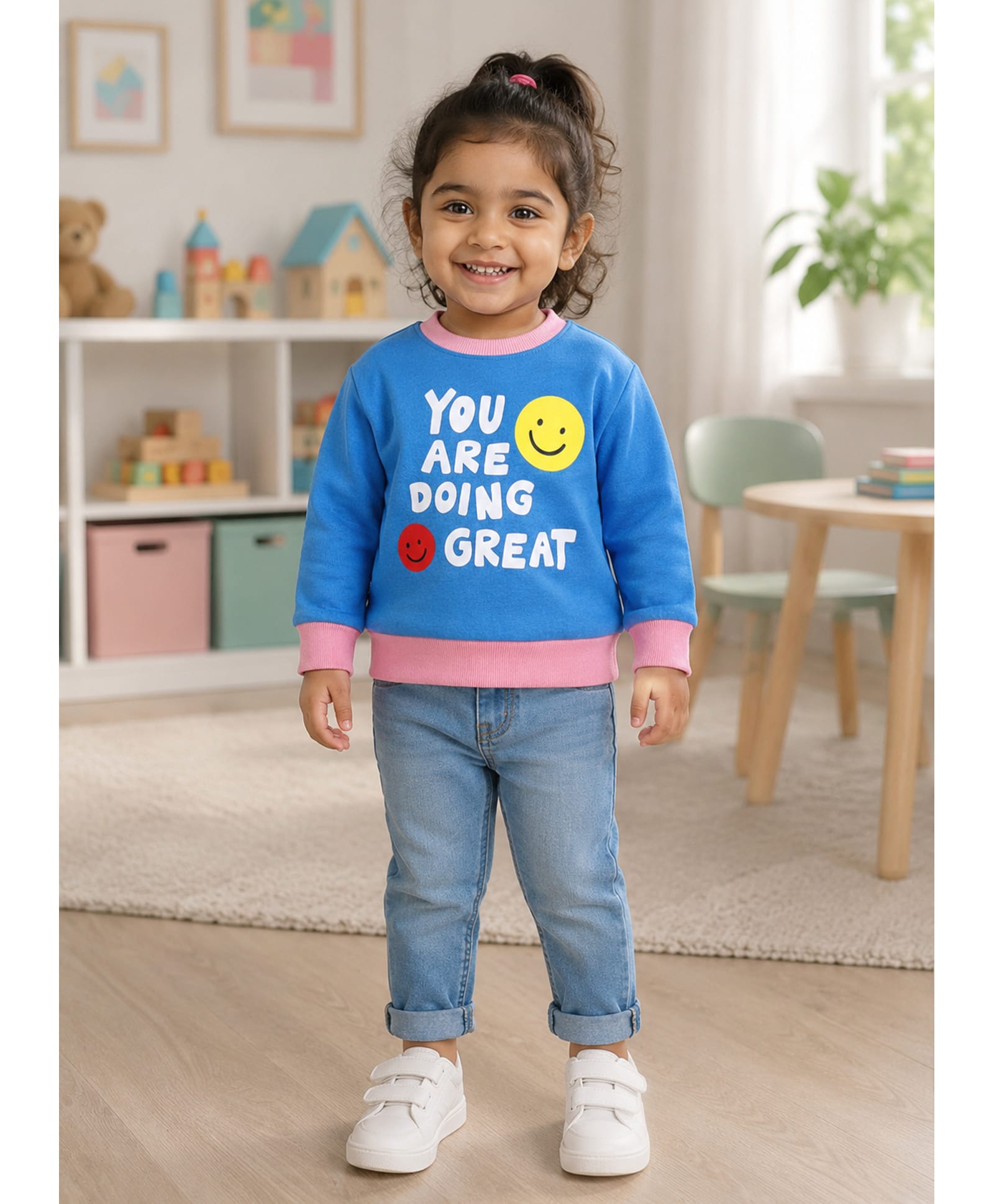 Bumzee Cotton Knit Full Sleeves Winterwear Sweatshirt with You Are Doing Great Text Print - Blue-image-46