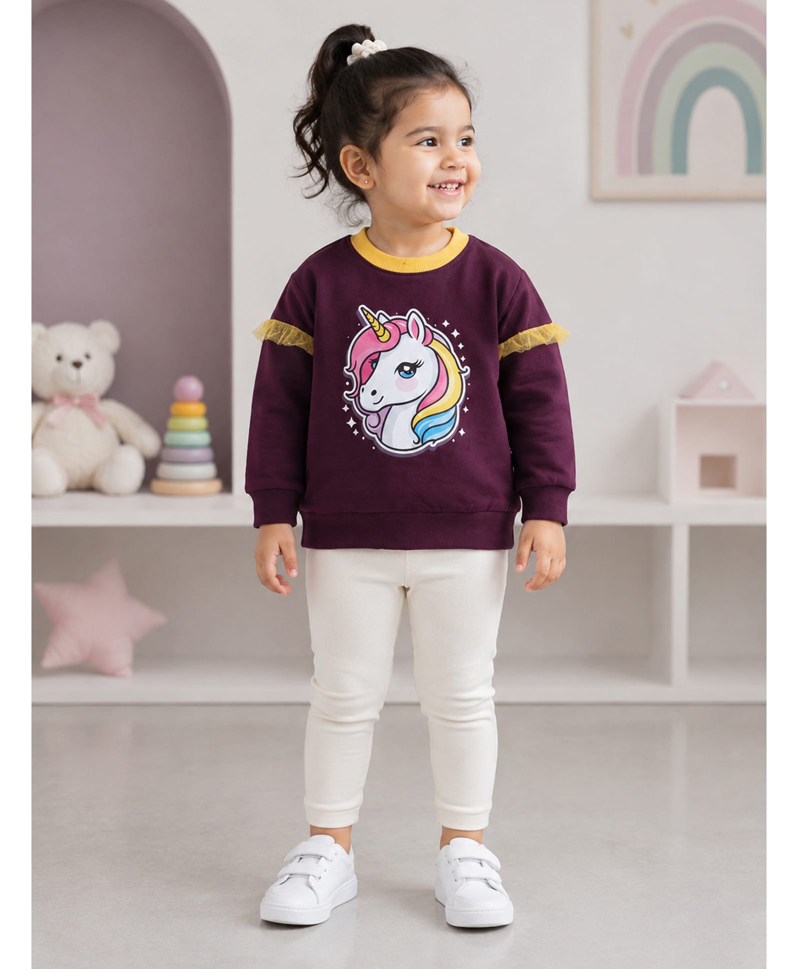BUMZEE Cotton Knit Full Sleeves Sweatshirt With Frill Detailing & Unicorn Print - Wine-picture-24