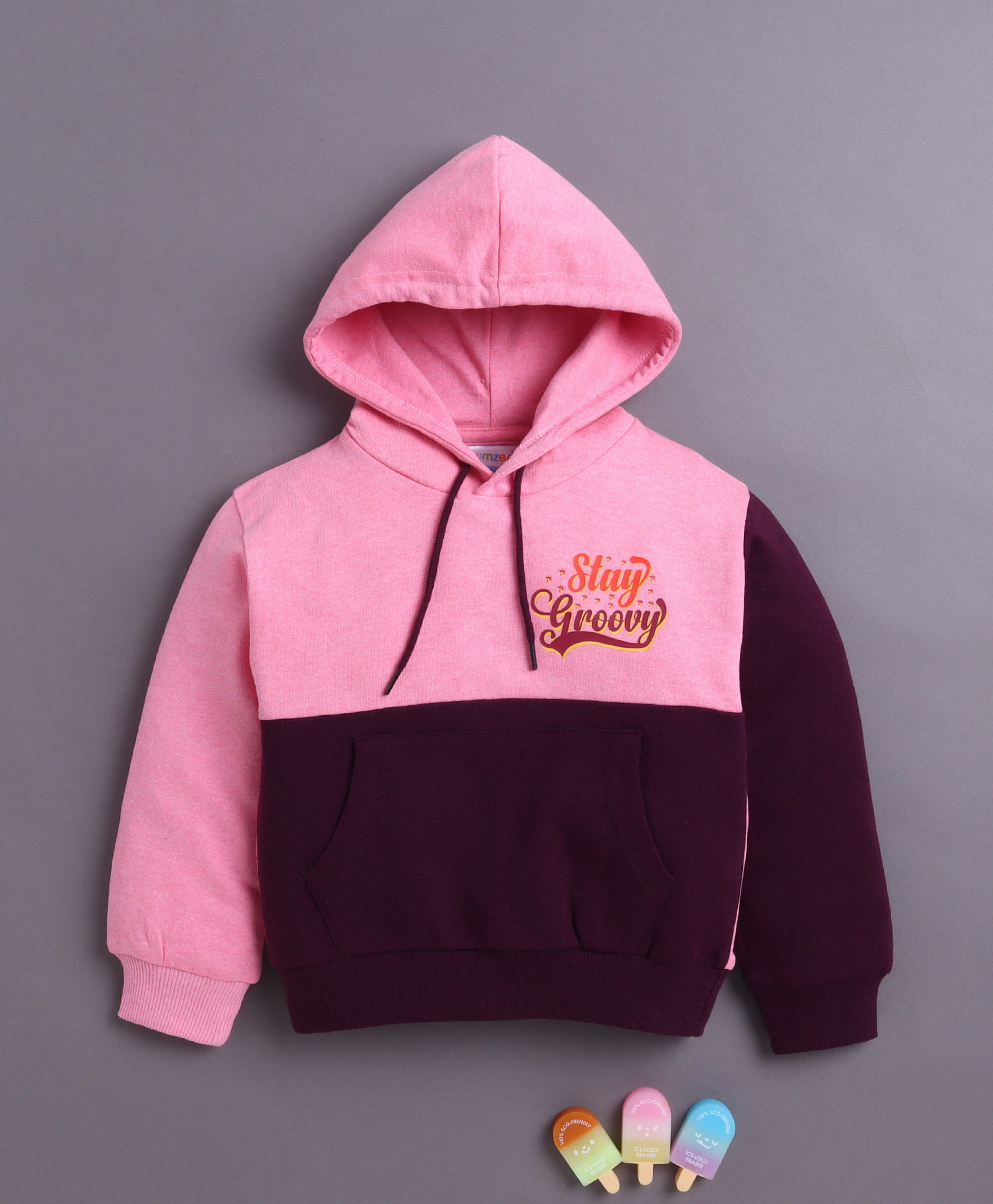 BUMZEE Cotton Blend Full Sleeves Cut & Sew Design Text Printed Hooded Sweatshirt With Kangaroo Pockets - Pink & Wine-picture-23