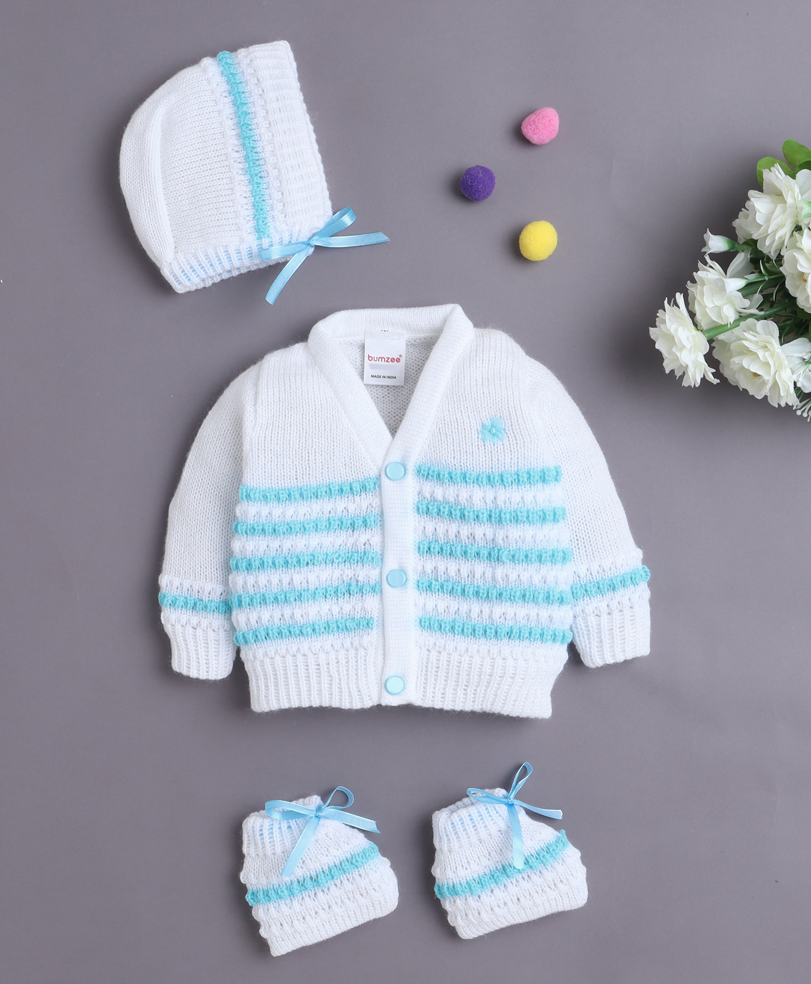 BUMZEE Knit Full Sleeves Cable Knit Design Solid Color Front Open Sweater with Cap & Booties - White-image-28