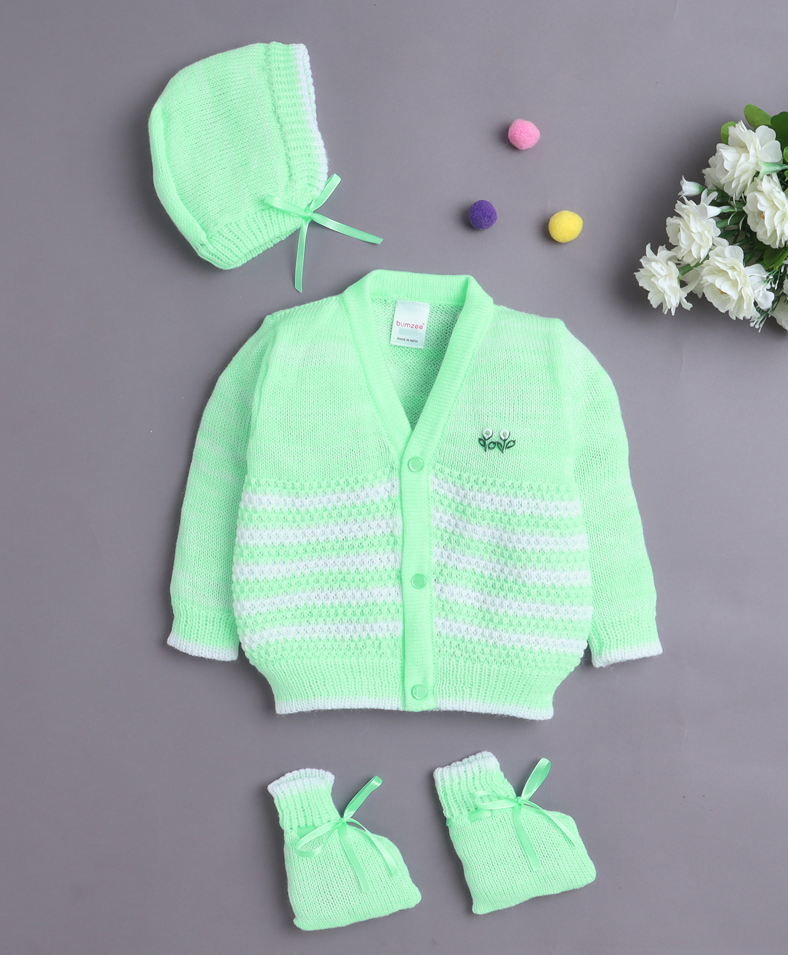 BUMZEE Knit Full Sleeves Cable Knit Design Solid Color Front Open Sweater with Cap & Booties - Light Green-image-30