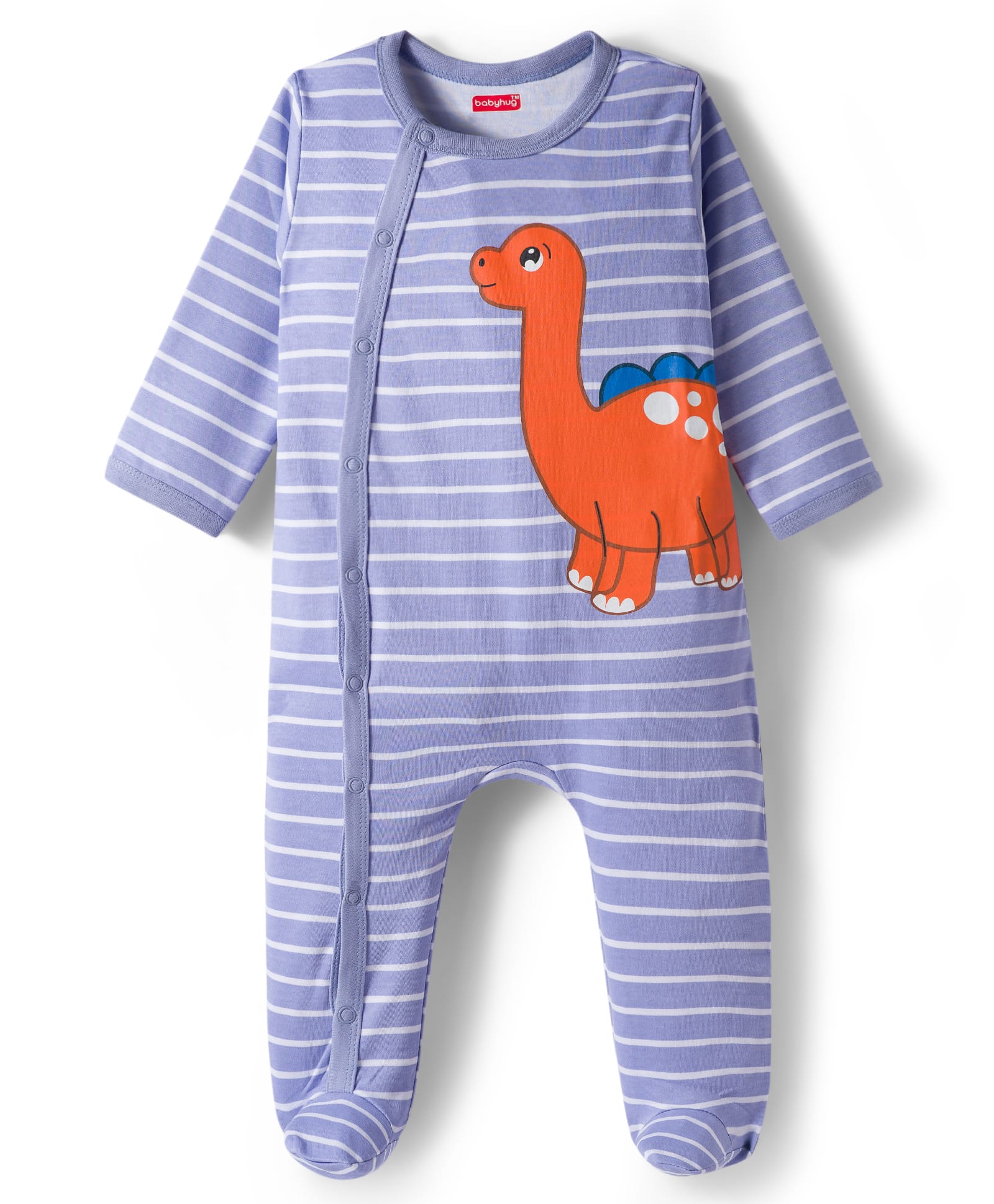Babyhug Interlock Knit Full Sleeves Striped Footed Sleepsuit With Dino Print - Blue-picture-32