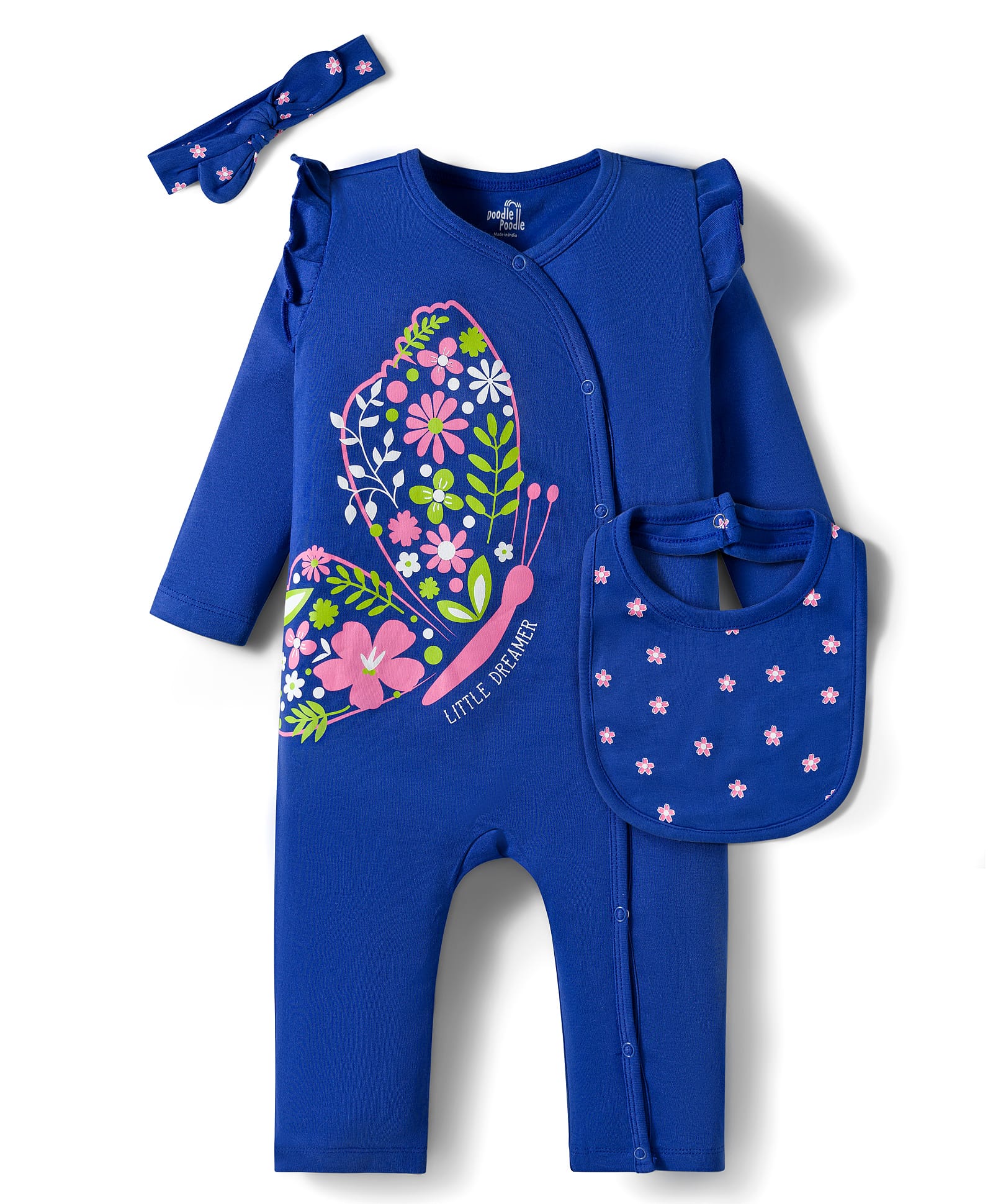 Doodle Poodle 100% Cotton Interlock Knit Romper Hairband & Bib With Floral Print - Navy Blue-picture-32