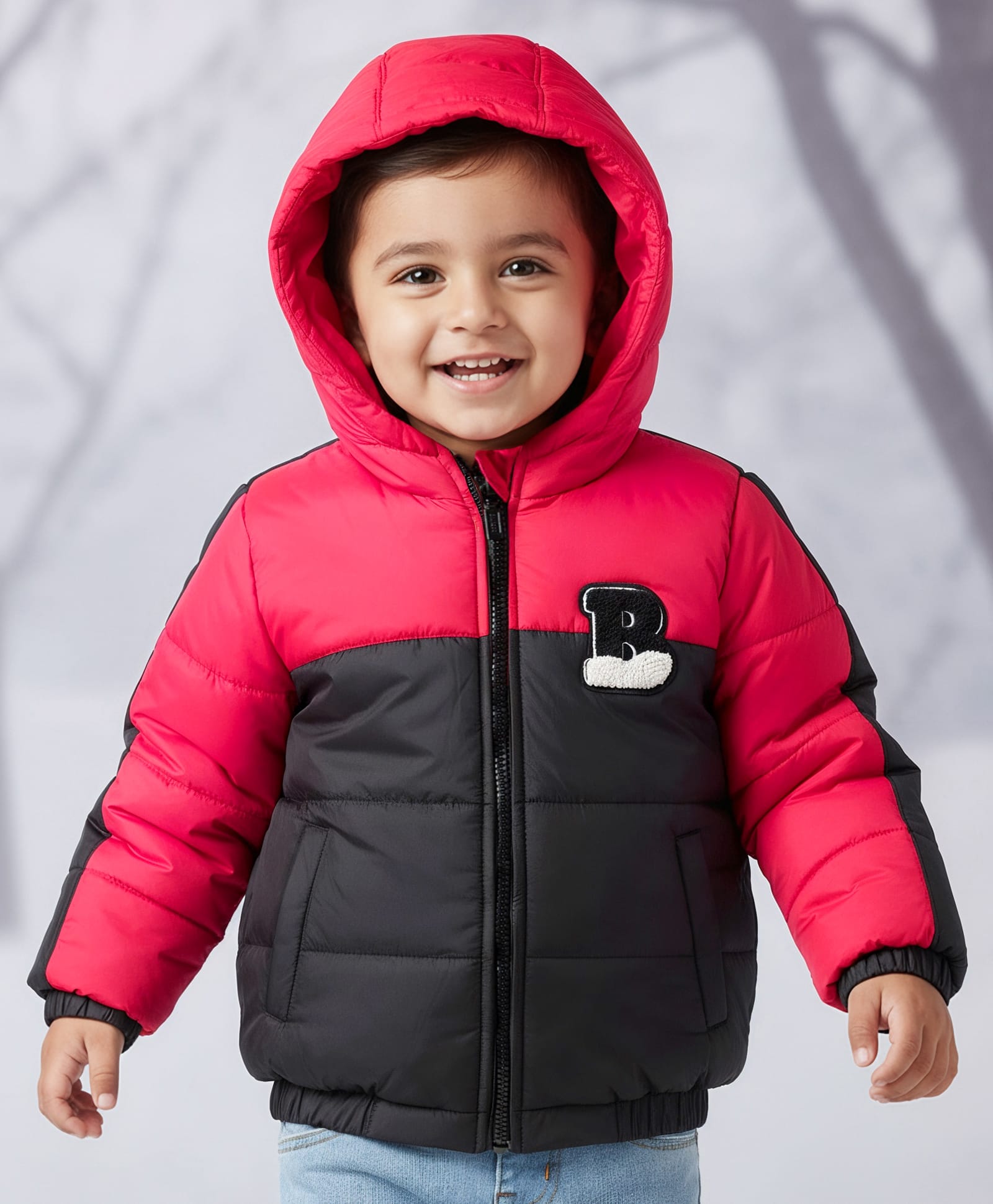 Babyhug Woven Full Sleeves Hooded Padded Jacket With Alphabet Embroidery - Black & Red-image-33