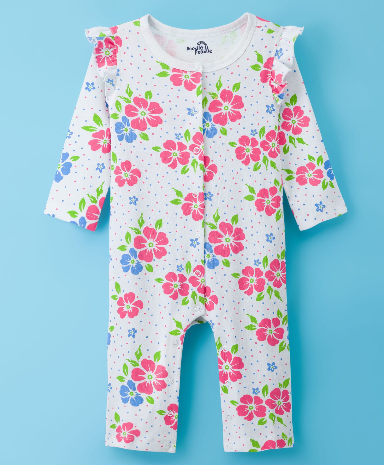Doodle Poodle 100% Cotton Knit Full Sleeves Romper With Floral & Polka Dot Print - White-image-24
