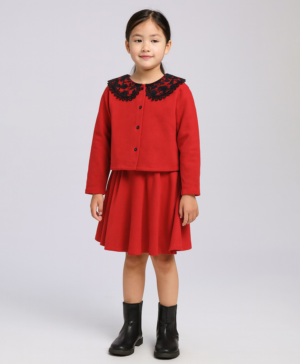 Aww Hunnie Fleece Knit Full Sleeves Floral Embroidered Peter Pan Collar Shirt Style Top & Skirt Set - Red-image-46