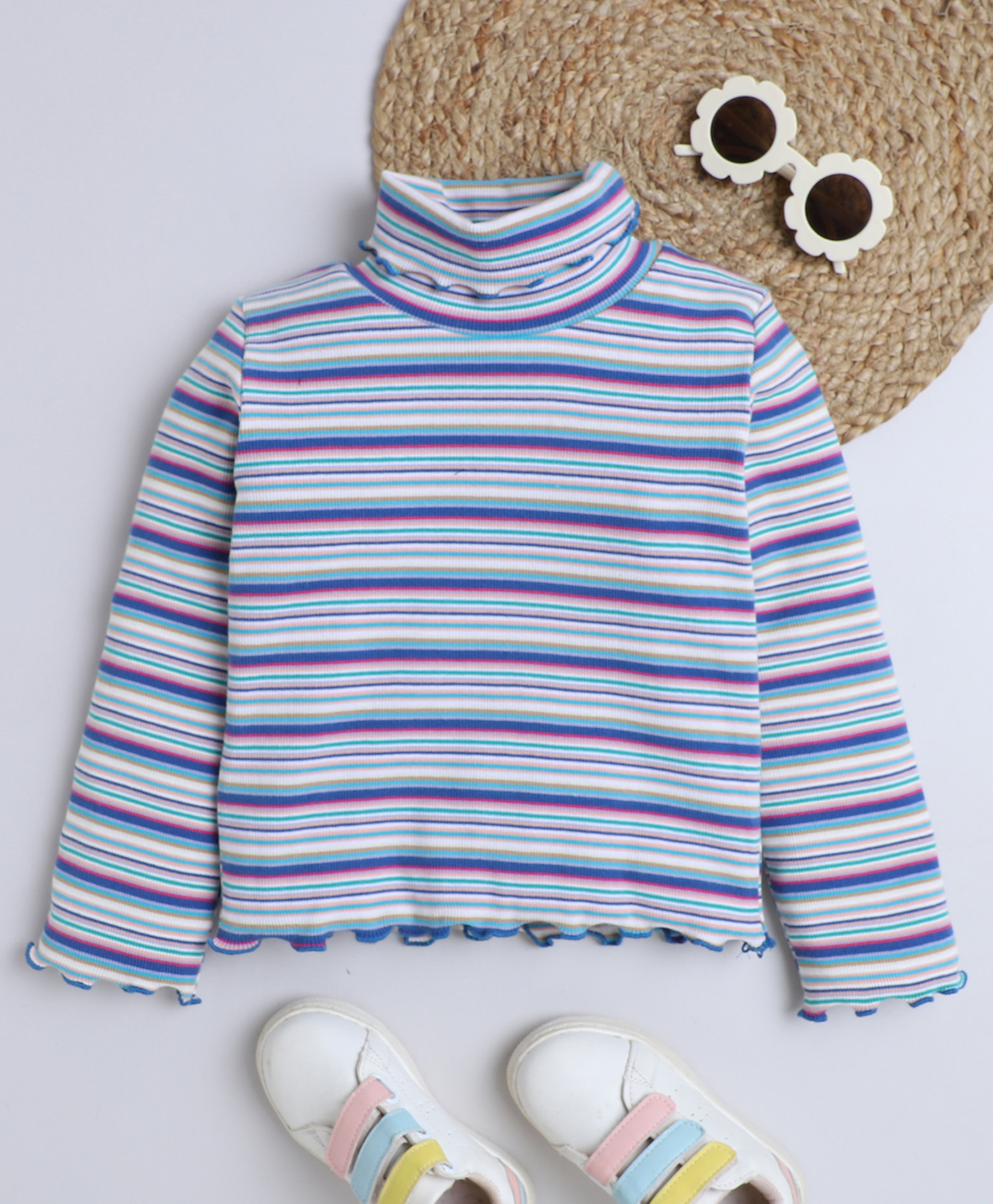 Aww Hunnie Cotton Blend Knit Full Sleeves Striped Turtle Neck Tee - Blue-picture-27
