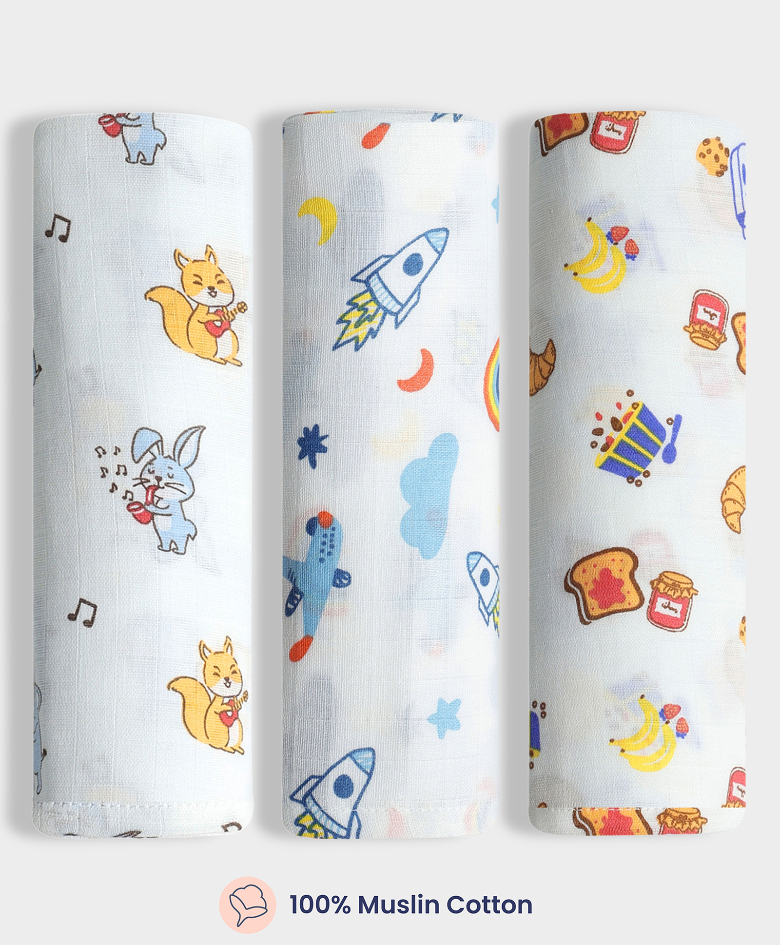 Orange Sugar 100% Cotton Muslin Pack of 3 Jungle & Space Printed Multipurpose Baby Swaddles - Multicolor-image-29