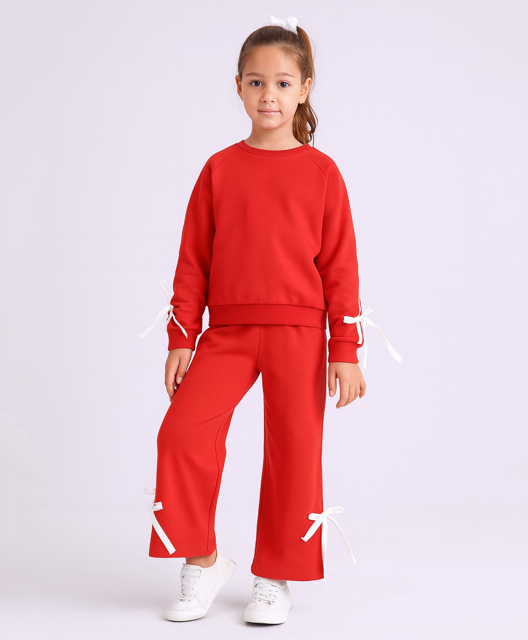 Aww Hunnie Terry Knit Full Sleeves Side Taped & Bow Applique Detailed Sweatshirt & Pant Set - Red-image-3