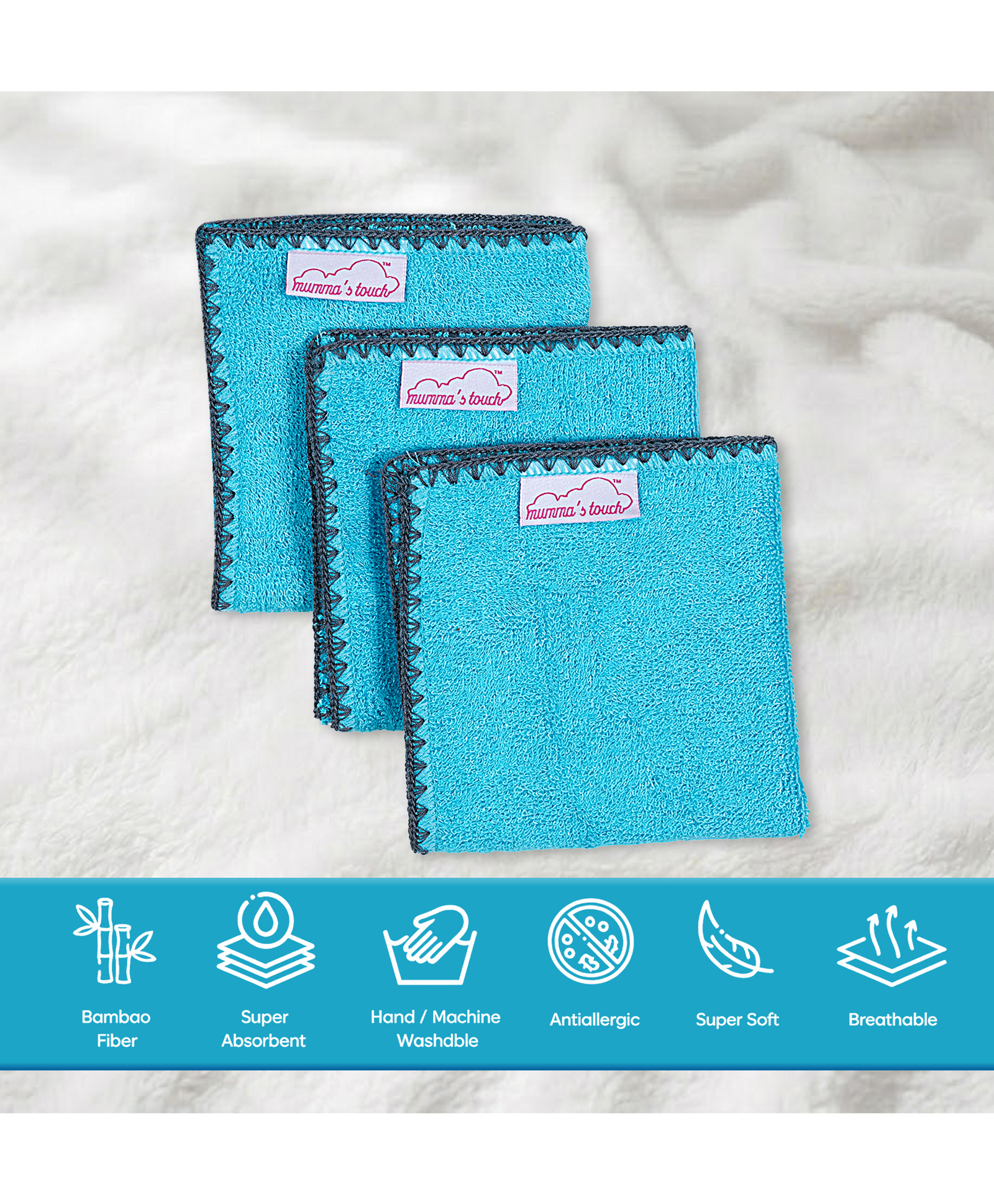 Mumma's Touch Organic Bamboo Woven Pack Of 3 Solid Face Towels - Aqua Blue-image-39