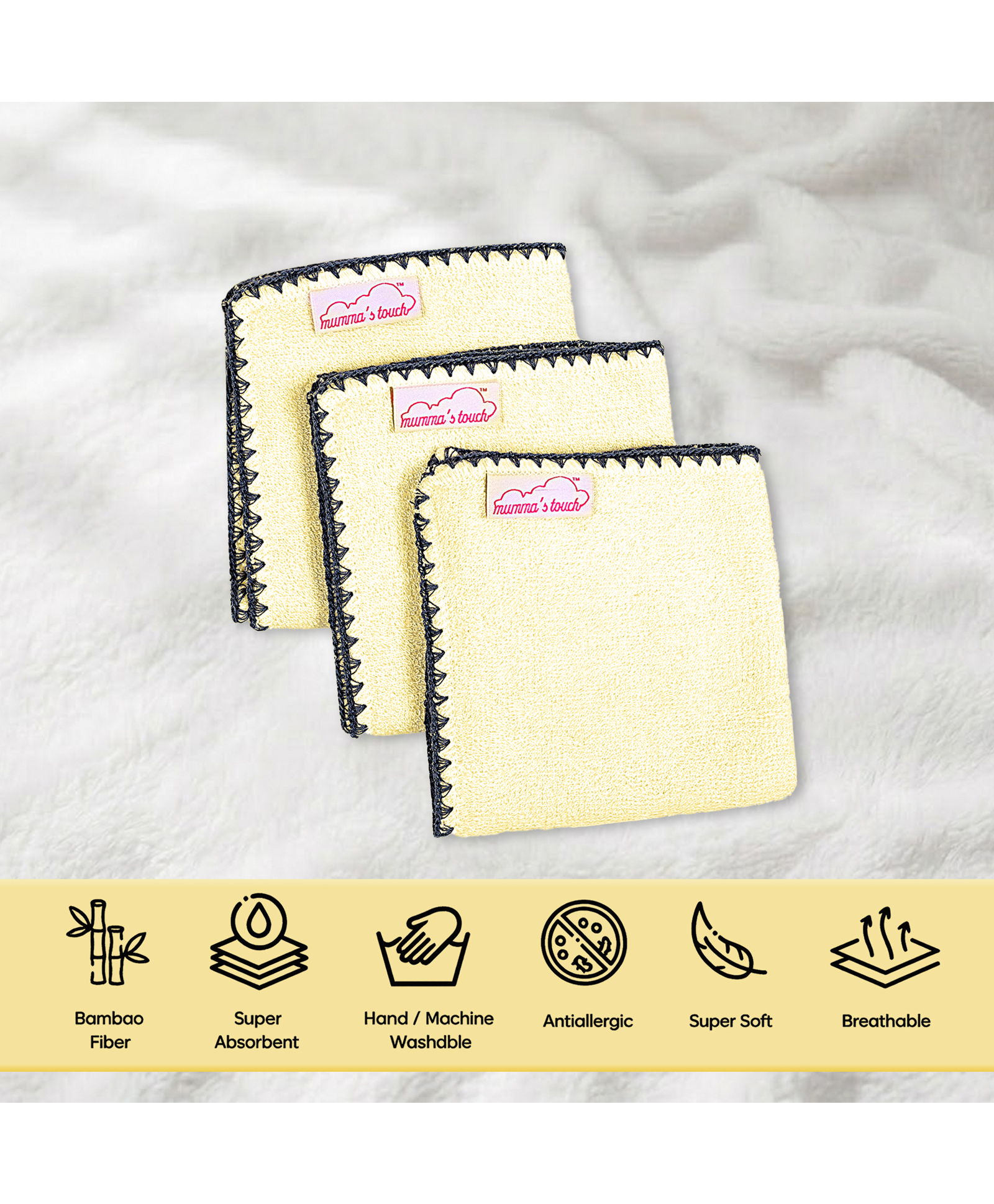 Mumma's Touch Organic Bamboo Woven Pack Of 3 Solid Face Towels - Yellow-image-36