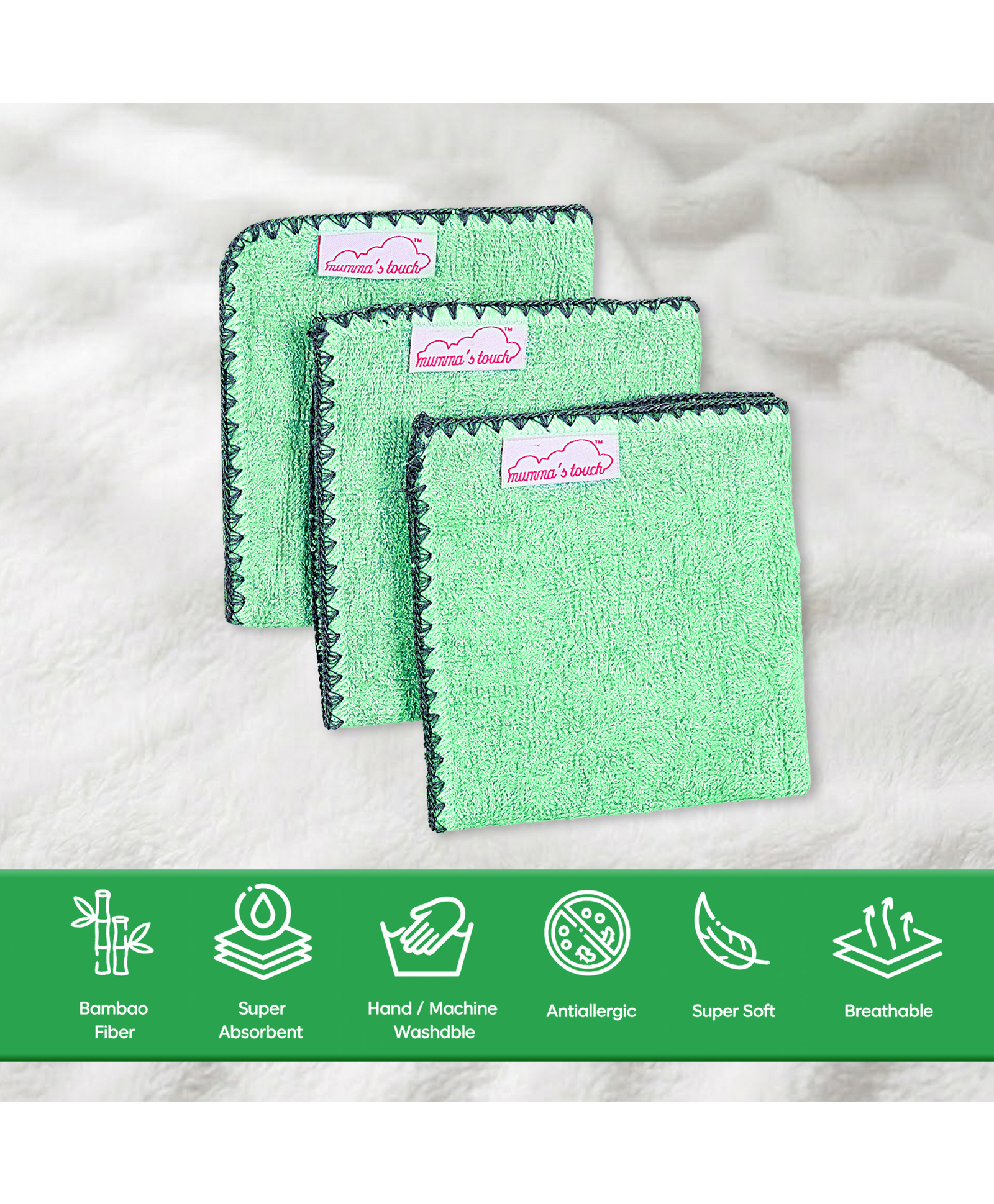 Mumma's Touch Organic Bamboo Woven Pack Of 3 Solid Face Towels - Green-picture-30