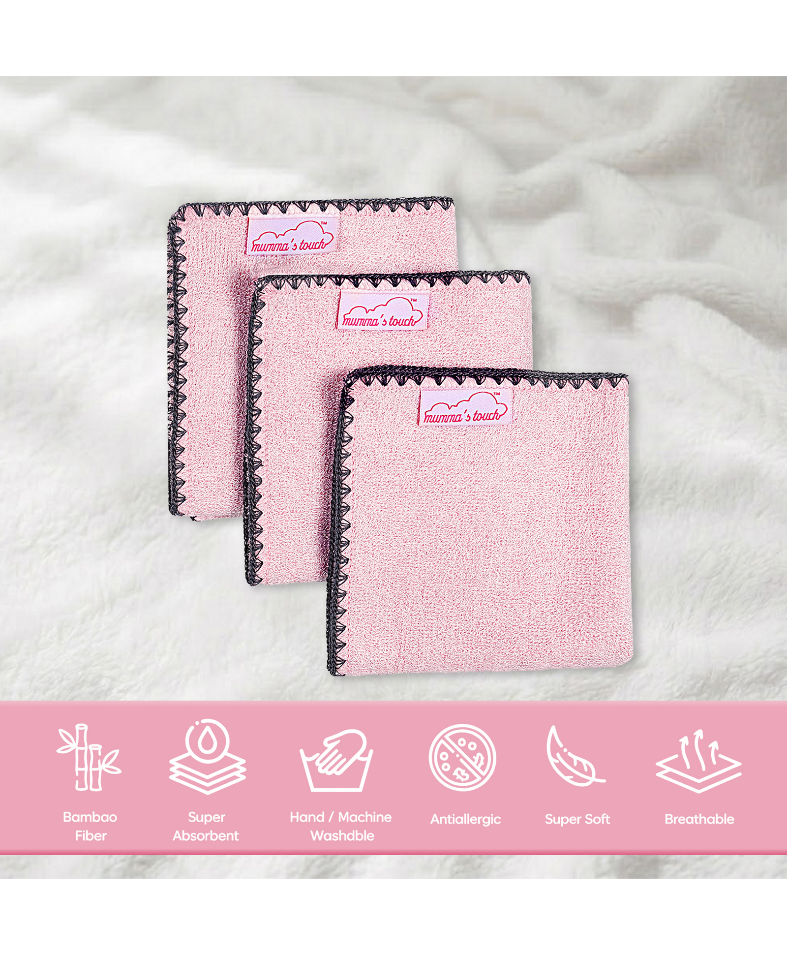 Mumma's Touch Organic Bamboo Woven Pack Of 3 Solid Face Towels - Pink-image-36