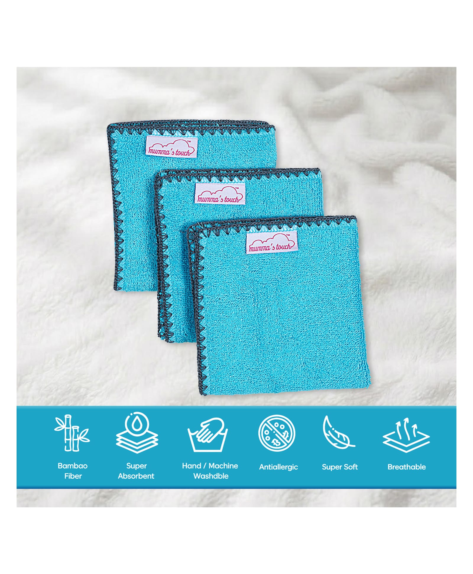 Mumma's Touch Organic Bamboo Woven Pack Of 3 Solid Face Towels - Aqua Blue-picture-37