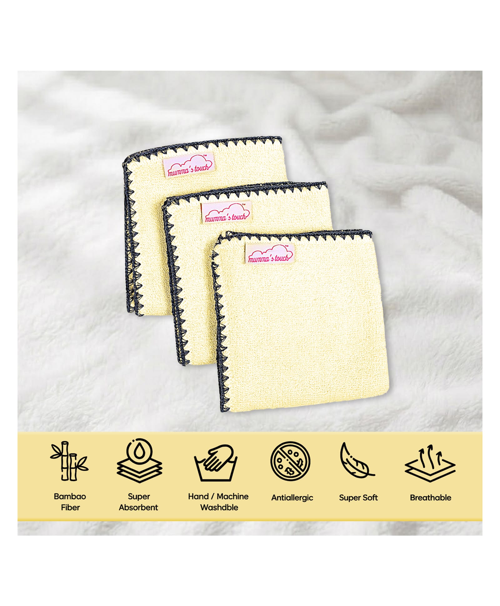 Mumma's Touch Organic Bamboo Woven Pack Of 3 Solid Face Towels - Yellow-image-40